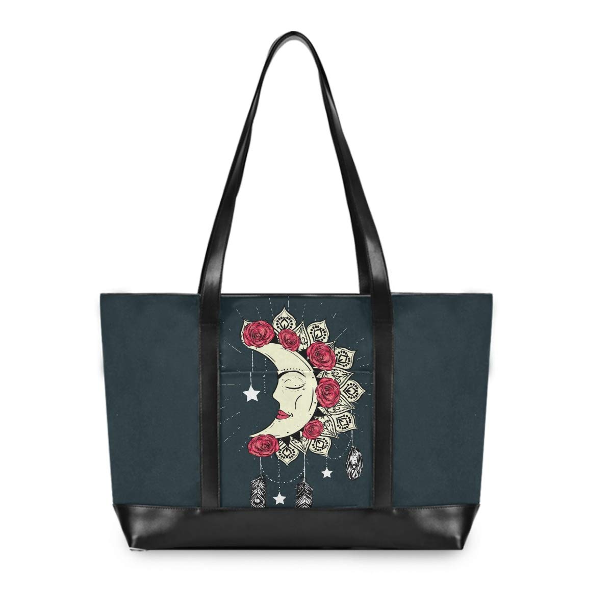 15.6 Inch Moon Mandala Dreamcatcher Laptop Tote Bag for Women - Waterproof Canvas Office Computer Case with Feathers, Stars & Roses Design, Perfect for Work, Travel & School