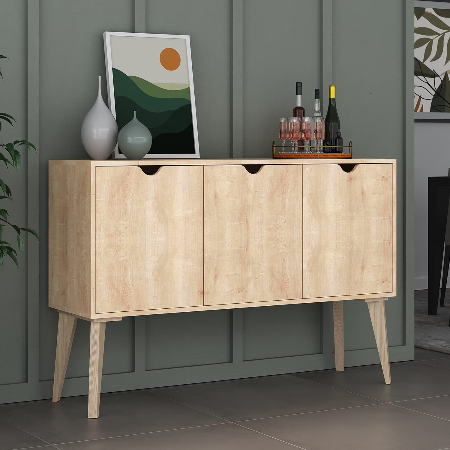 Luxury Buffet Storage Cabinet for Living Room, Dining Room & Home Theater - 3-Door Solid Eucalyptus Wood Sideboard with Adjustable Shelves - Perfect for Organizing Dishes, Glassware, and Tableware - Elegant Home Entertainment & Dining Room Furniture (Natural Finish)