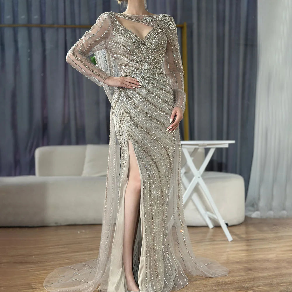 Elegant Silver Mermaid Evening Dress with High Slit & Beaded Details - Luxury Women's Party Gown for Prom, Wedding & Formal Events - Serene Hill Collection LA70752L