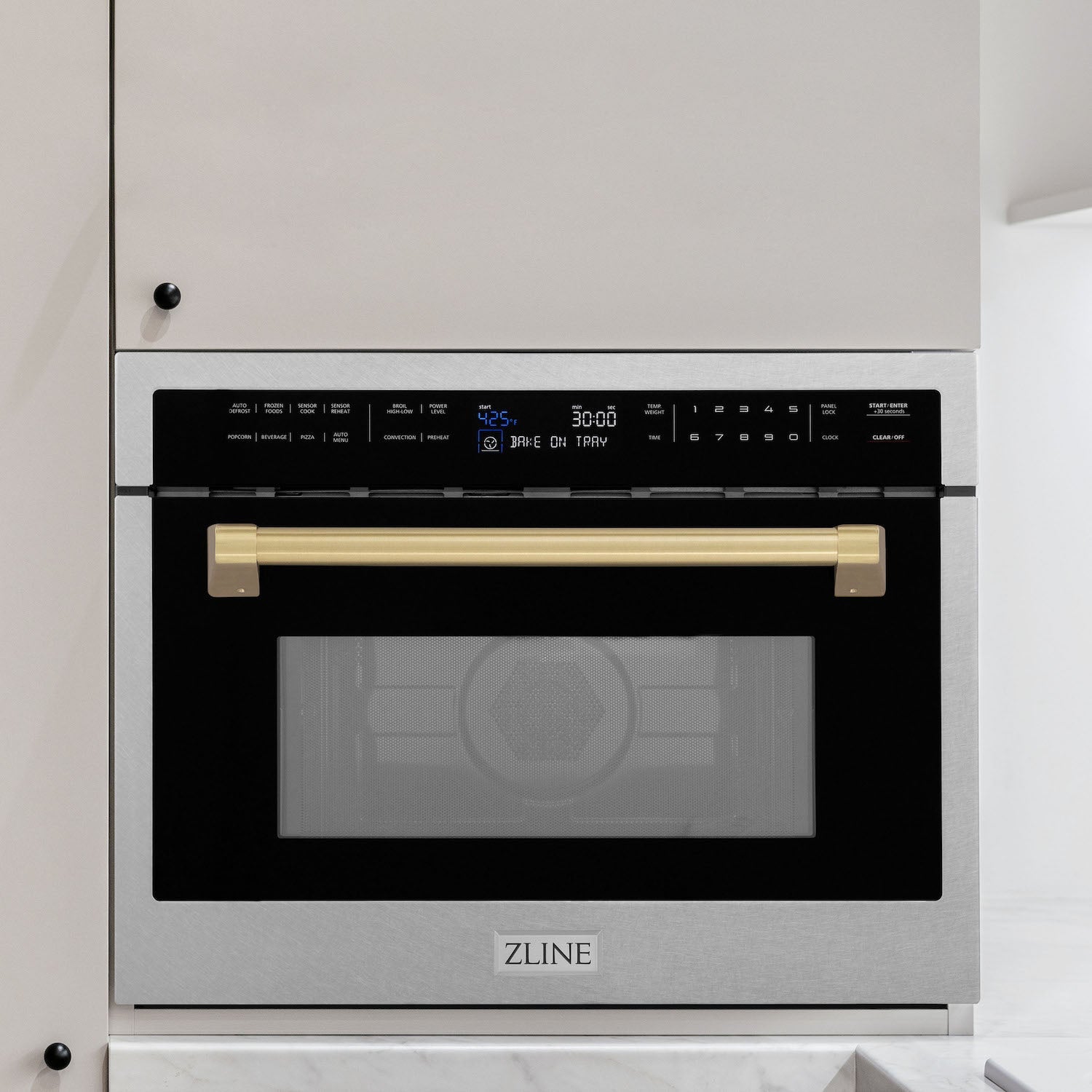 ZLINE Autograph Edition 24 Inch Built-In Convection Microwave Oven - 1.6 cu ft Capacity, Satin Stainless Steel with Champagne Bronze Accents (MWOZ 24 SS CB) - Perfect for Modern Kitchens, Small Spaces & Gourmet Cooking