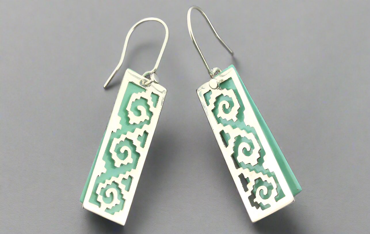 Authentic Double Aztec Earrings in Silver & Copper with Patina - Handmade Boho Tribal Jewelry for Women - Perfect for Festivals, Parties & Everyday Wear