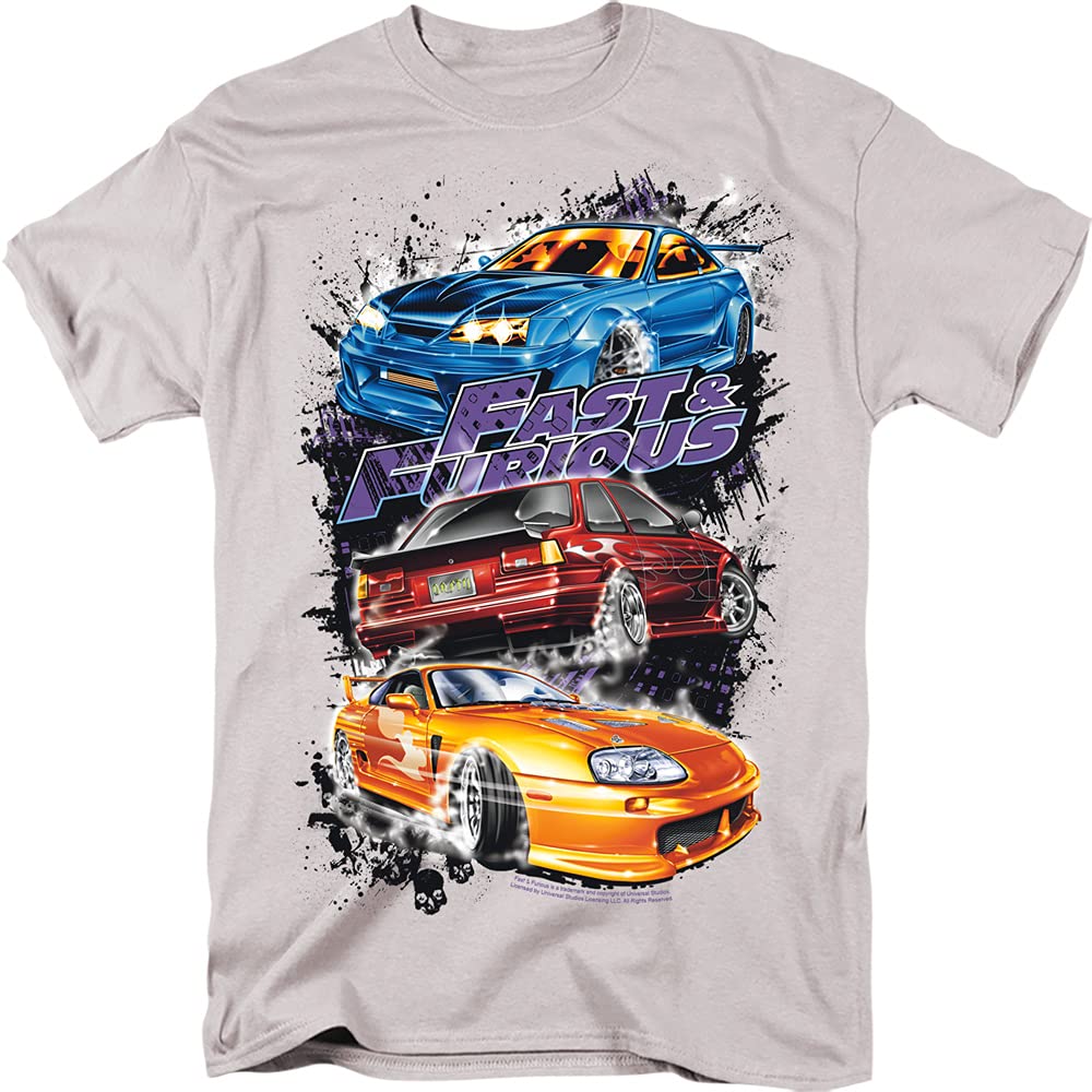 Fast and Furious Men's Smokin Street Cars Classic T-Shirt - Large, Silver - Perfect for Movie Fans, Car Enthusiasts, and Casual Streetwear