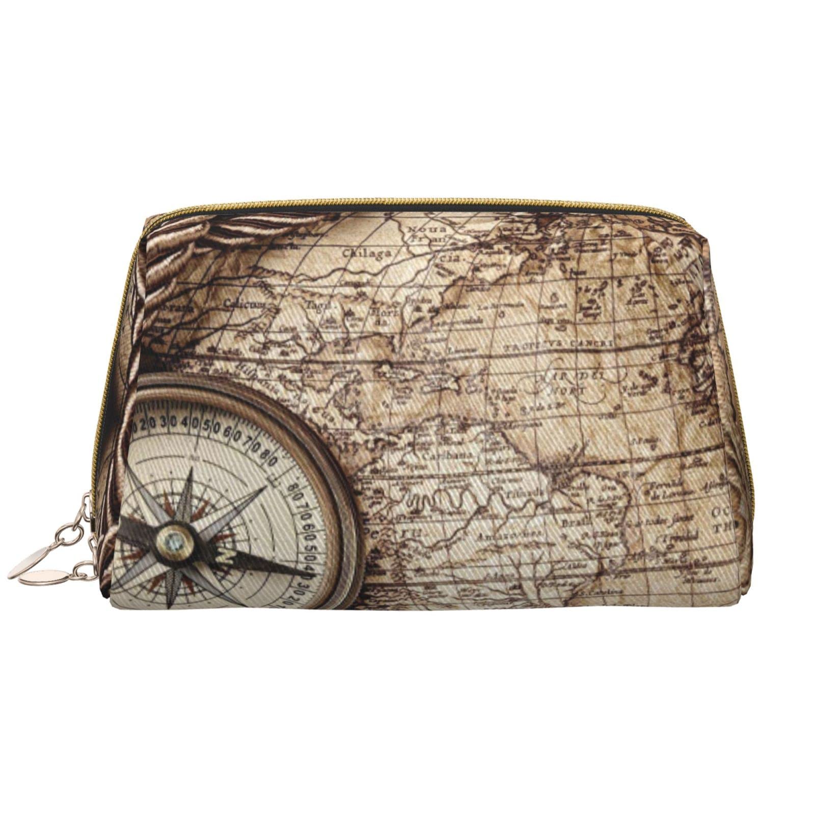 **Waterproof Leather Nautical Compass Makeup Bag – Large Capacity Travel Cosmetic Organizer for Women | Perfect for Travel, Gym & Daily Essentials**