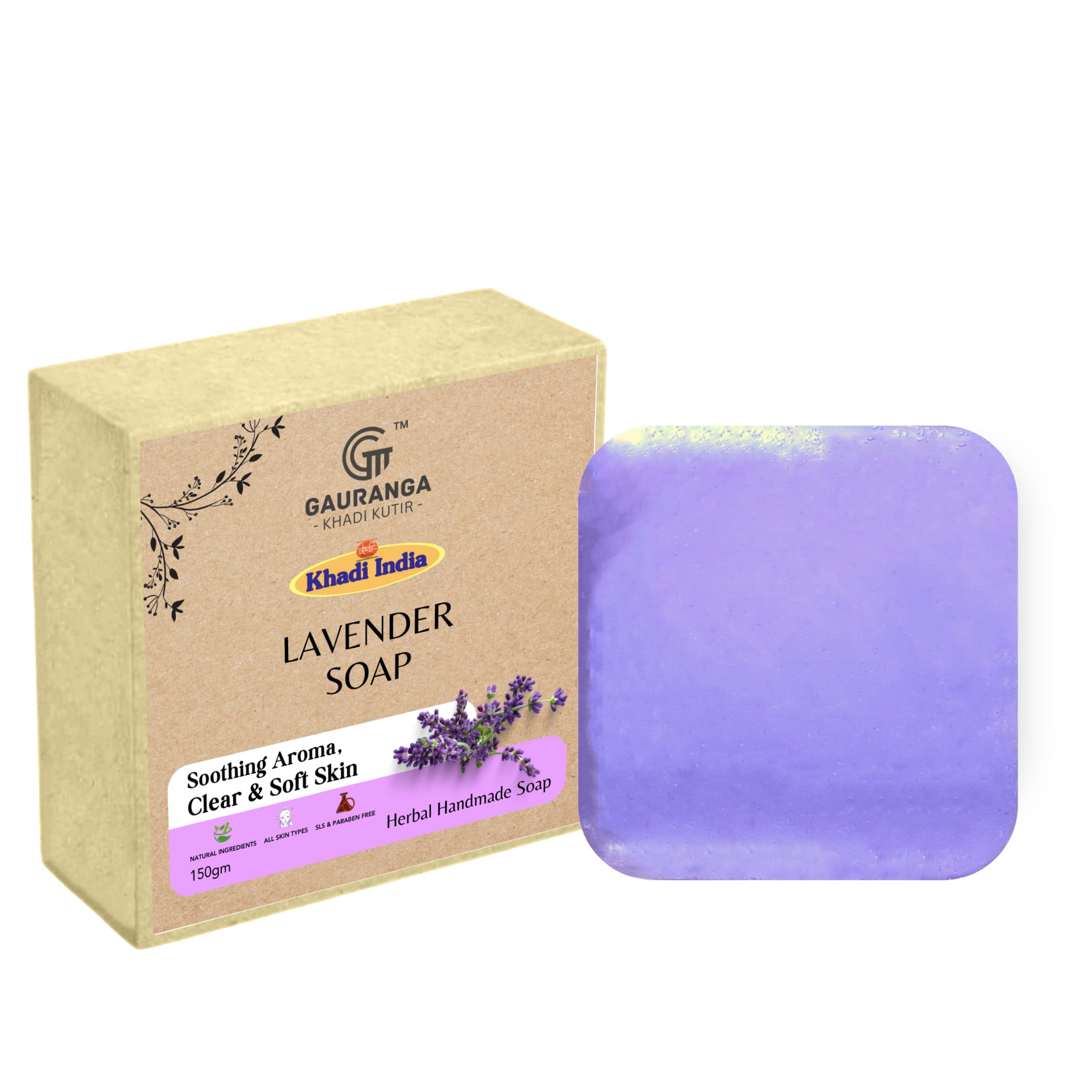 Gauranga Khadi Lavender Soap 150g - Premium Handmade Herbal Soap with Relaxing Lavender Aroma for Soft, Hydrated Skin - Natural Gentle Bath Soap for Stress Relief & Skincare - Perfect for Spa Nights, Gift Sets & Daily Aromatherapy