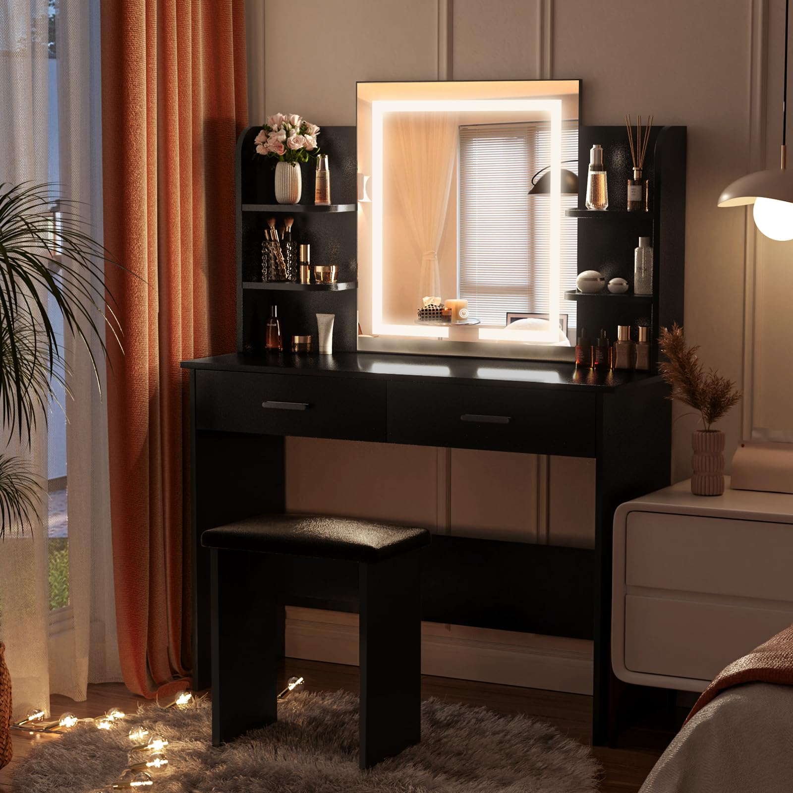 SMOOL Vanity with LED Lighted Mirror - Makeup Vanity Desk with 3 Color Lighting Modes & Adjustable Brightness, Vanity Table with Storage Shelves, Drawers & Stool - Perfect for Bedroom, Dressing Room & Beauty Salon