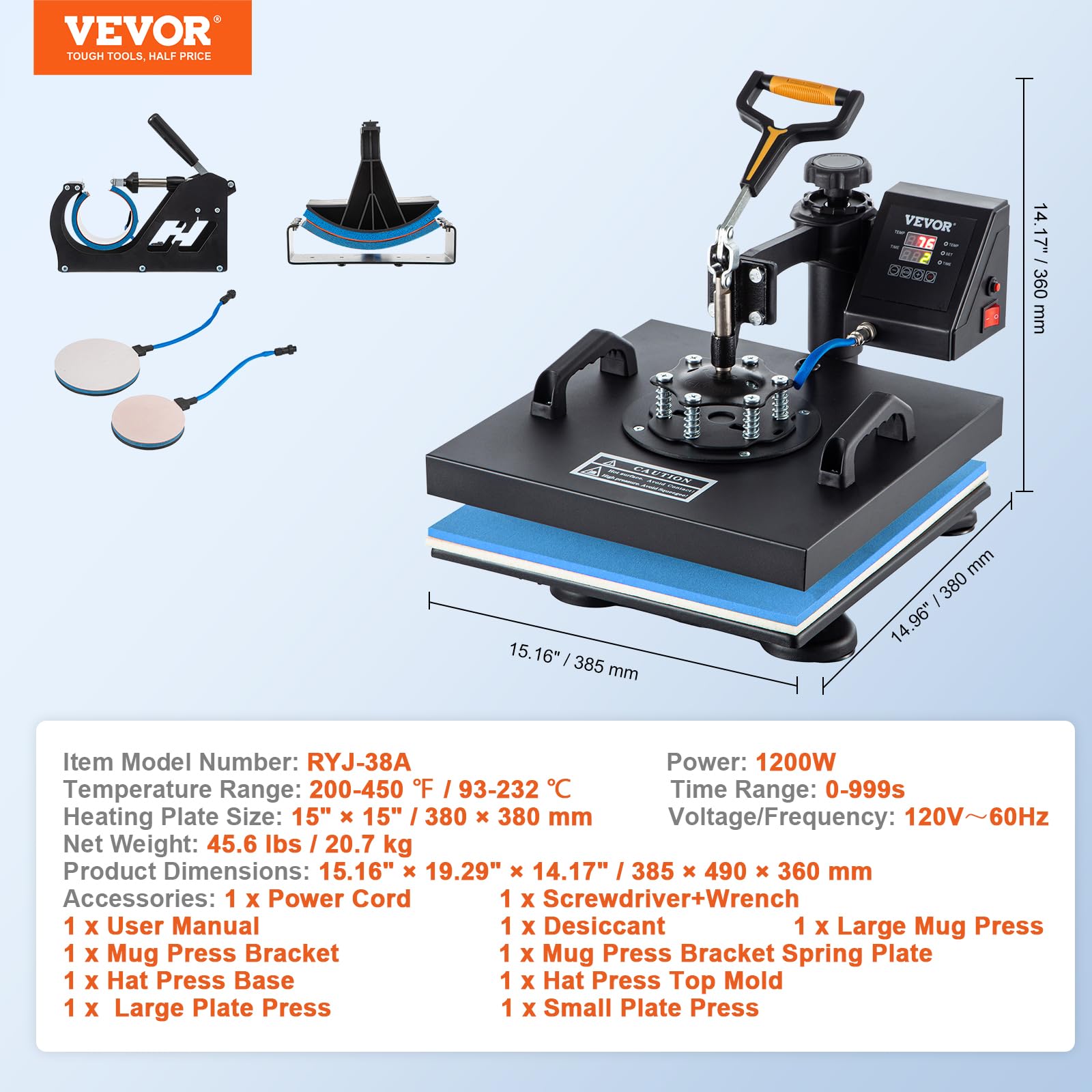 VEVOR 15x15 Inch 6-in-1 Digital Heat Press Machine with 360° Swing Away - Multi-Function T-Shirt, Hat, Mug & Plate Sublimation Transfer for DIY Printing | Perfect for Home Business, Craft Projects & Custom Apparel Making