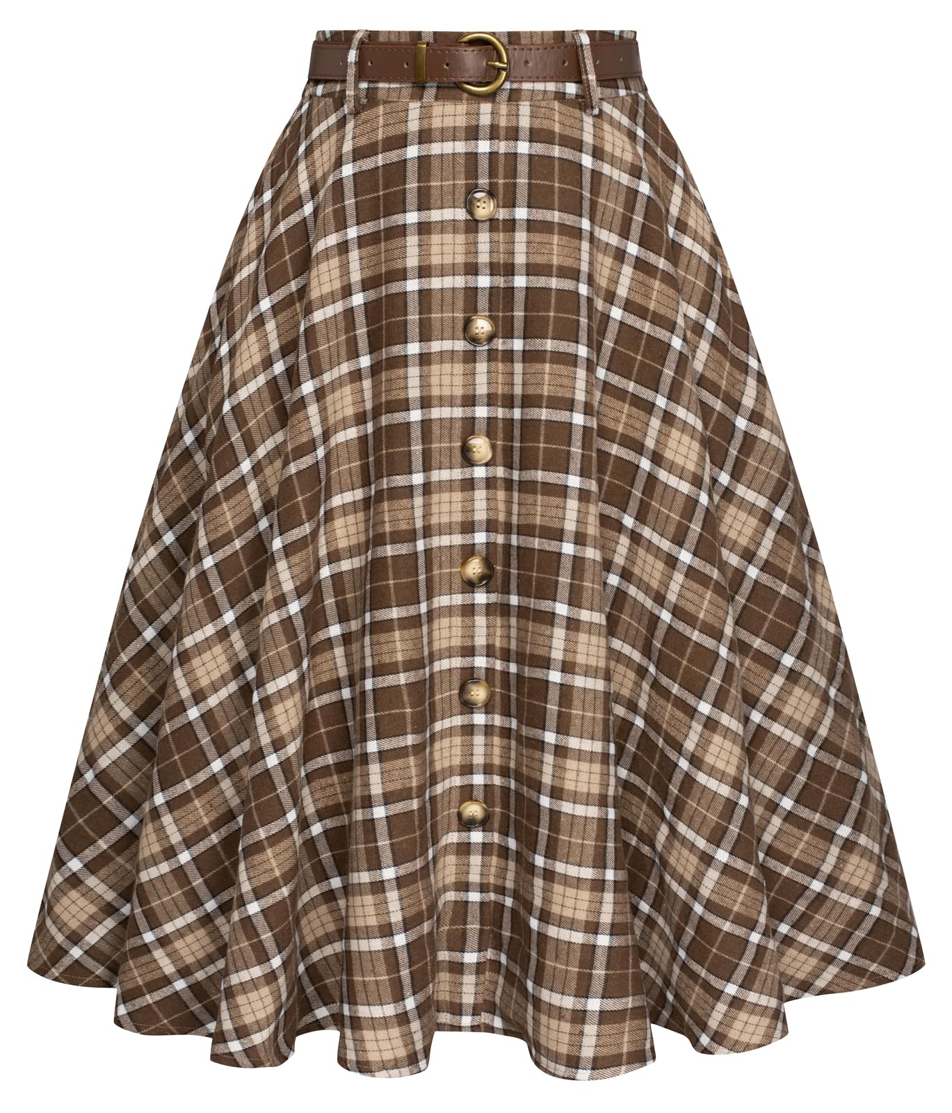Belle Poque Women's Vintage Plaid A-Line Midi Skirt with Pockets & Belt - Flared Pleated Skirt for Fall Winter Fashion | Office, Party & Casual Wear