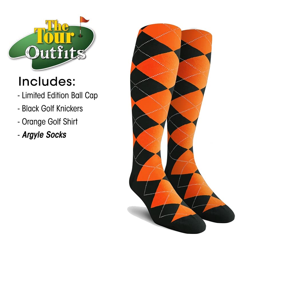 **Men's Stylish Black Microfiber Outfit Set - Limited Edition Ball Cap, Over-The-Calf Argyle Socks & Orange Golf Shirt for Casual Wear, Golfing & Everyday Fashion**