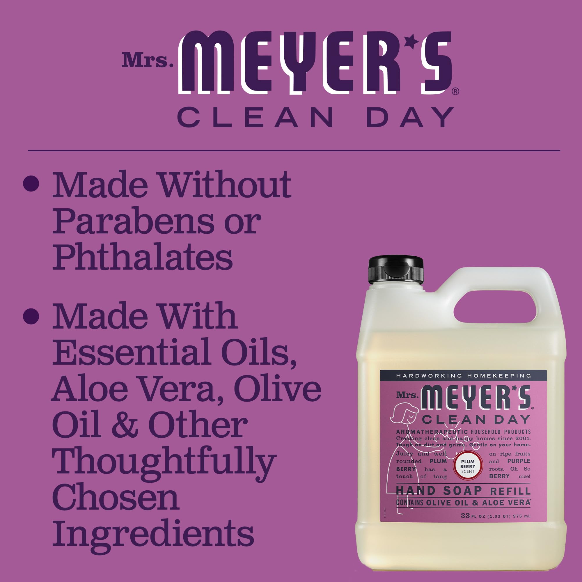 Mrs. Meyer's Clean Day Plum Berry Scent Hand Soap Refill - 33 Fl Oz (Pack of 12) | Natural Liquid Hand Soap for Kitchen, Bathroom & Office | Eco-Friendly & Cruelty-Free