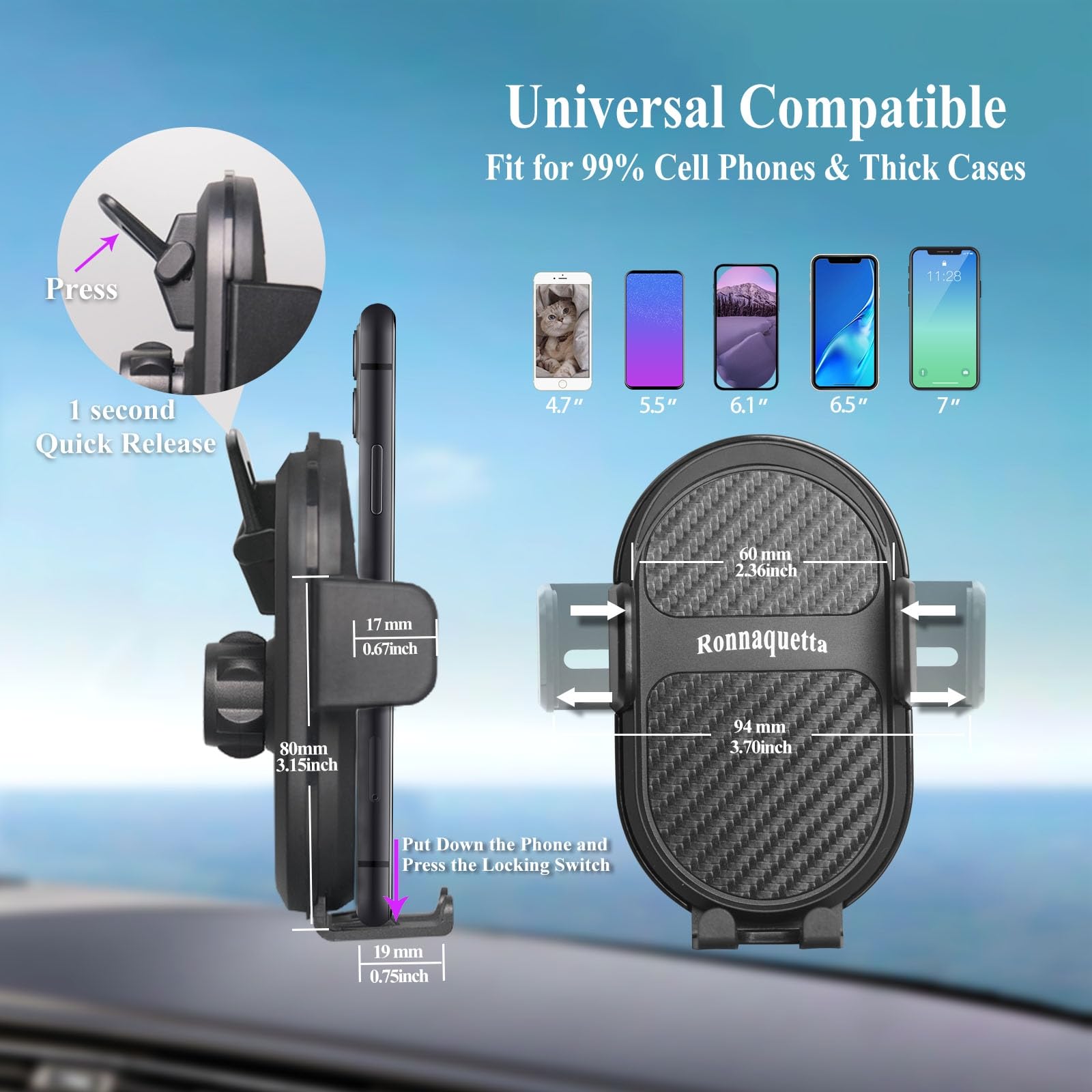 Car Phone Mount - 1 Second Quick Release, Adjustable 360° Rotation Phone Holder for Dashboard & Windshield - Perfect for GPS Navigation & Hands-Free Driving