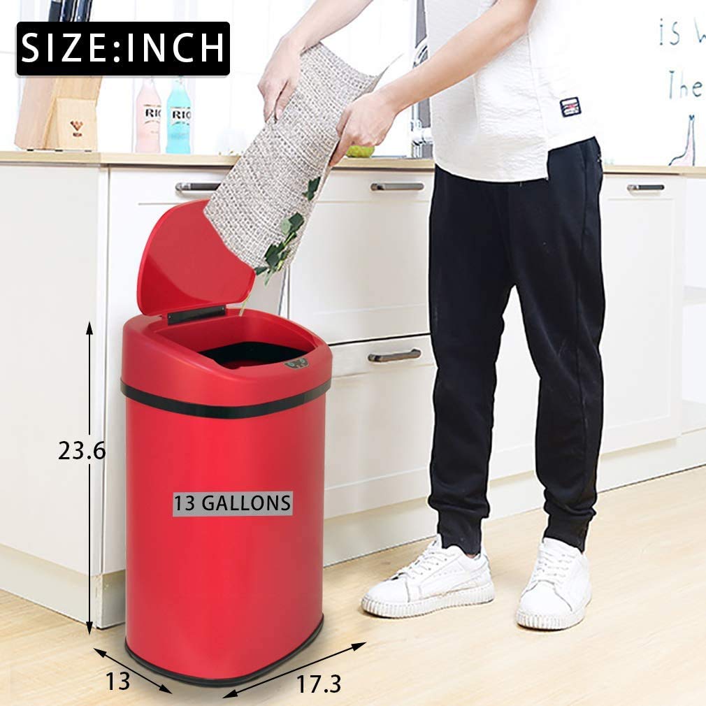 HGS 13 Gallon Automatic Touchless Sensor Trash Can - Stainless Steel Kitchen Garbage Bin with Lid for Home, Office, Living Room & Bedroom (Red) | Hands-Free Waste Disposal for Hygiene & Convenience