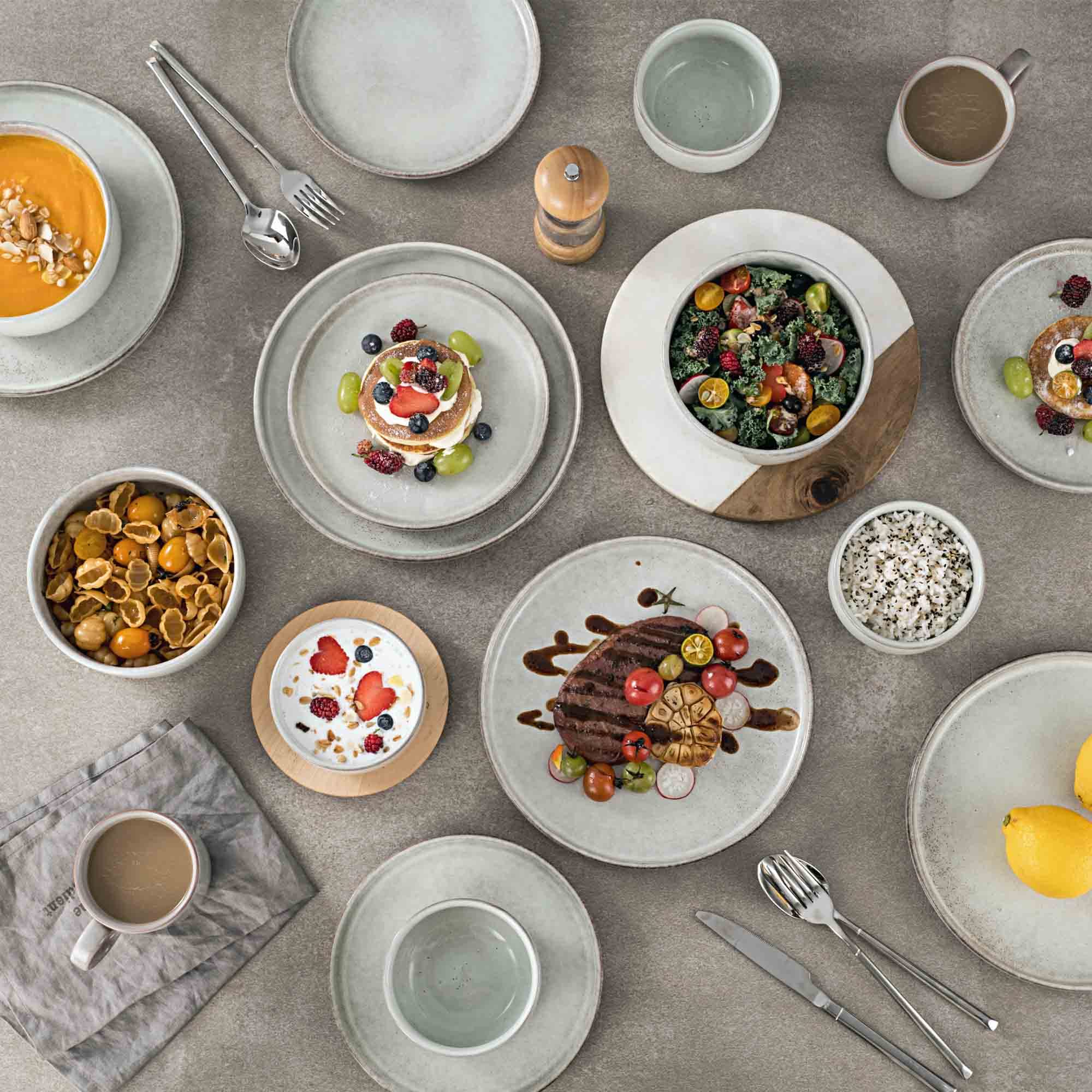 Henten Home 8 Inch Ceramic Dessert Plates Set of 4, Porcelain Salad & Snack Plates with Fluted Edge, Scratch Resistant Stoneware Dishes with Reactive Glaze (Grey) - Perfect for Cake Serving, Kitchen Dining, and Party Entertaining