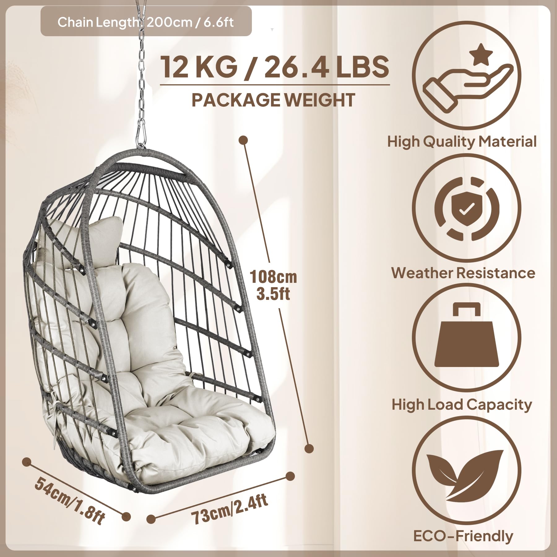 Chihee Foldable Wicker Egg Hanging Chair - Indoor Outdoor Rattan Swing Chair with Stainless Steel Hanging Kit & UV-Resistant Cushion - Perfect for Patio, Balcony, Bedroom, and Garden Relaxation