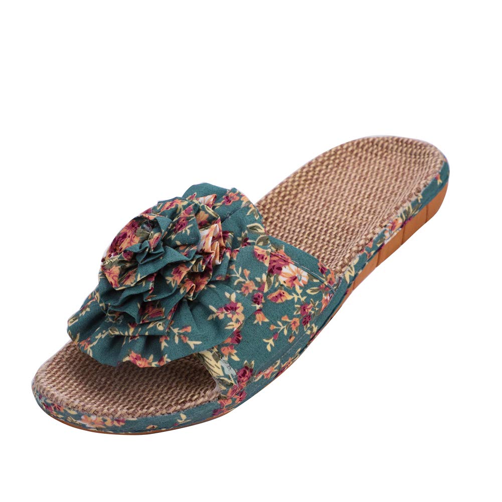 Women's Open Toe Slide Slippers - Non-Slip Floral Linen House Shoes for Indoor Comfort | Perfect for Lounging, Spa Days & Cozy Home Wear
