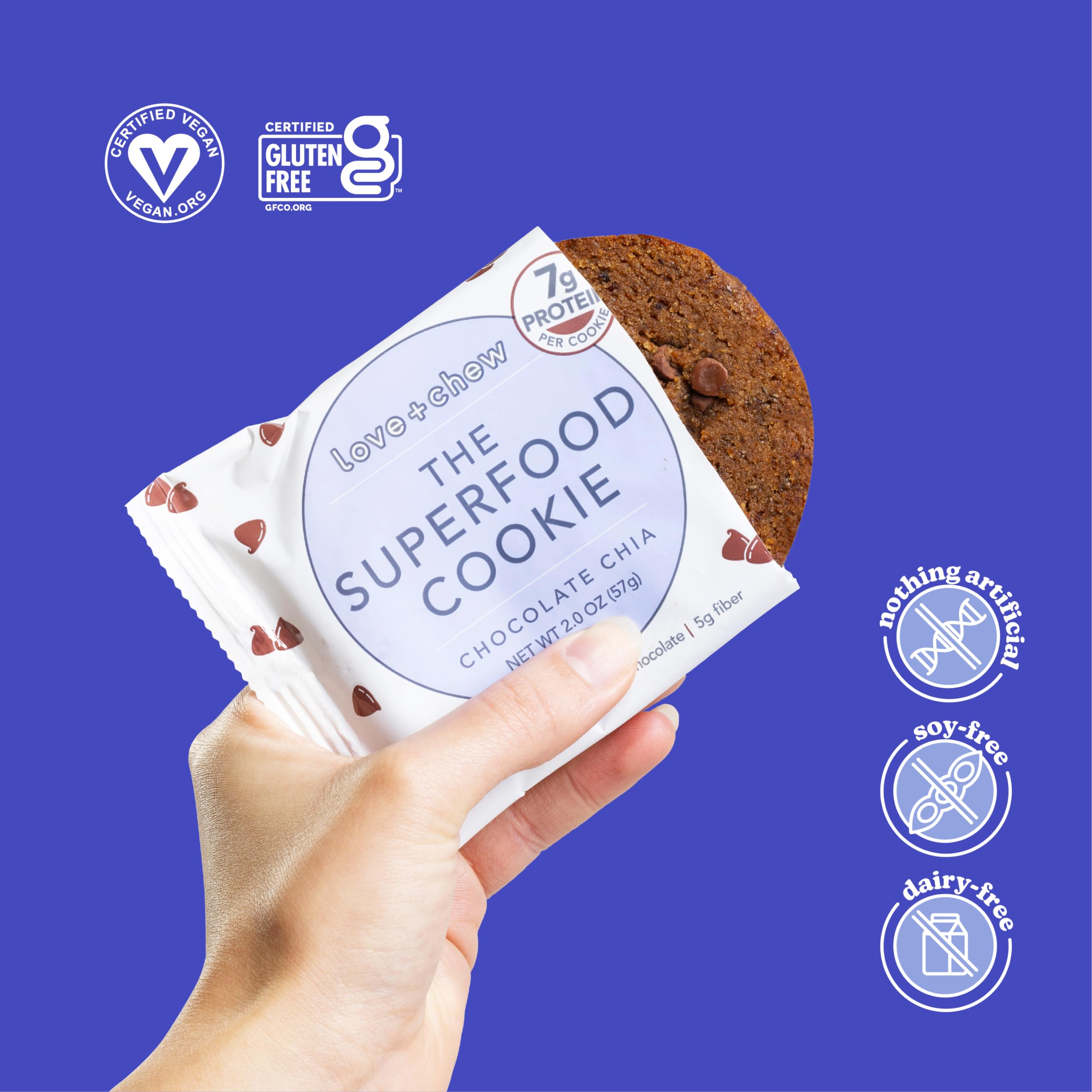 Love + Chew Gluten Free Vegan Cookies - Bulk 60 Count (2oz Each) - Chocolate Chia, High Protein Almonds, Paleo & Non-GMO Snacks - Individually Wrapped Soft Baked Cookies for Office, School & Travel Snacking