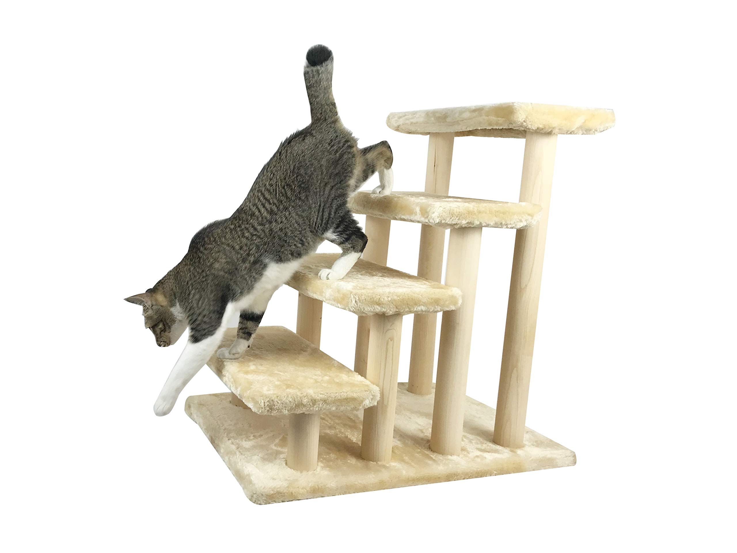 4-Step Wooden Pet Stairs for Cats & Dogs - Detachable Carpet Covered Pet Ladder for High Beds & Couches (Beige) | Perfect for Elderly Pets & Small Breeds in Bedroom & Living Room