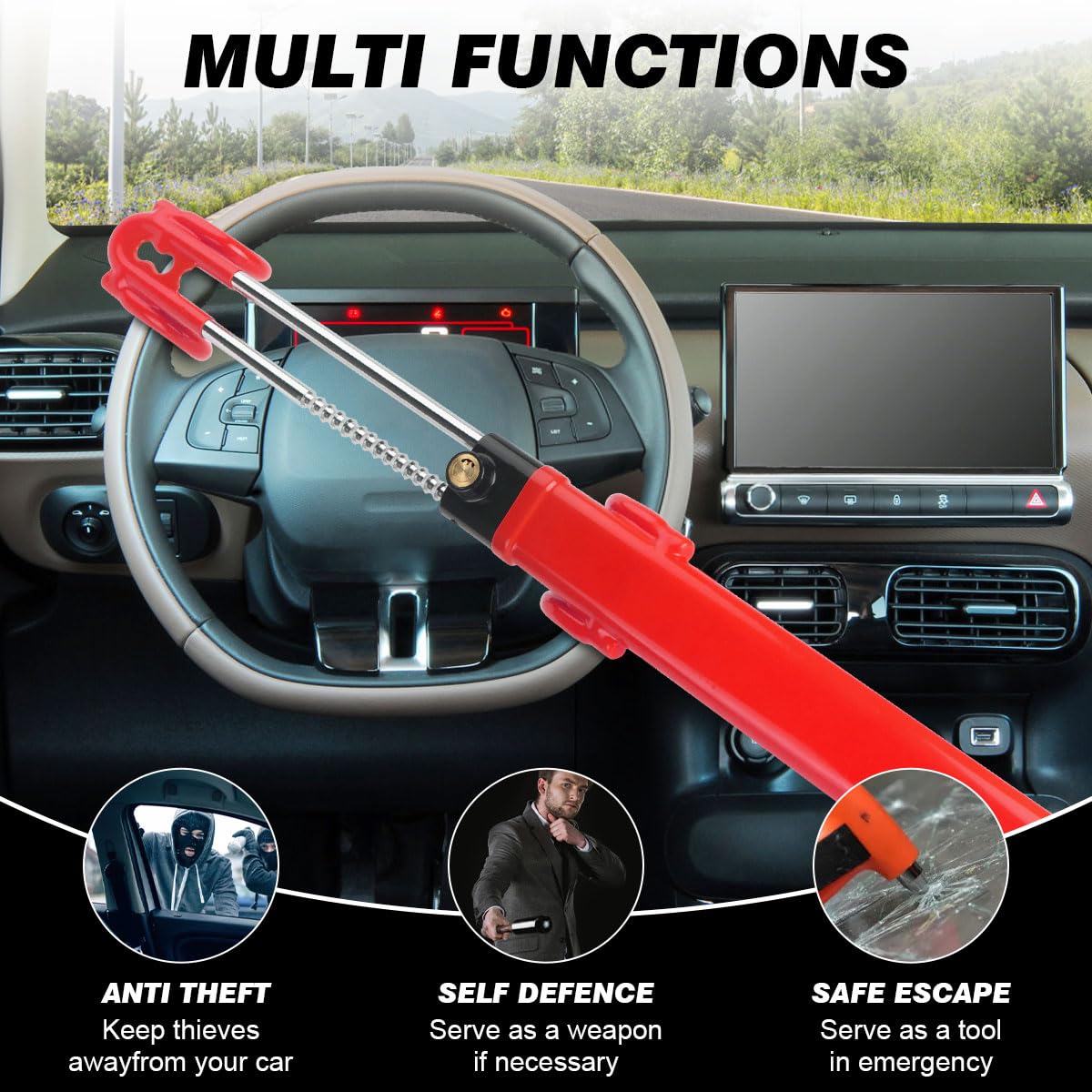 Heavy Duty Steering Wheel Lock - Anti-Theft Car Security Device with Adjustable Length Clamp & Double Row Atom Keys for Vehicle, Truck, SUV (3 Keys Included, Red) - Perfect for Parking Security & Theft Prevention
