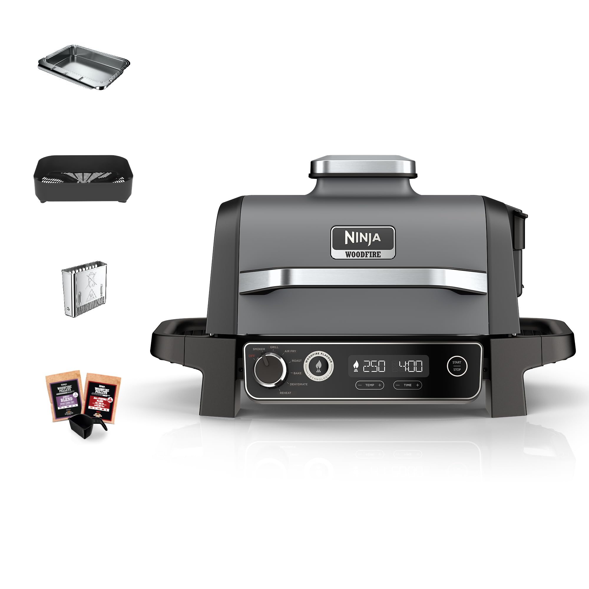 Ninja Woodfire Electric Outdoor Grill - 7-in-1 Smoker, Air Fryer, Roaster & Oven - Weatherproof & Non-Stick Portable BBQ (Grey/Black) OG701EU - Perfect for Backyard BBQs, Camping & Outdoor Cooking