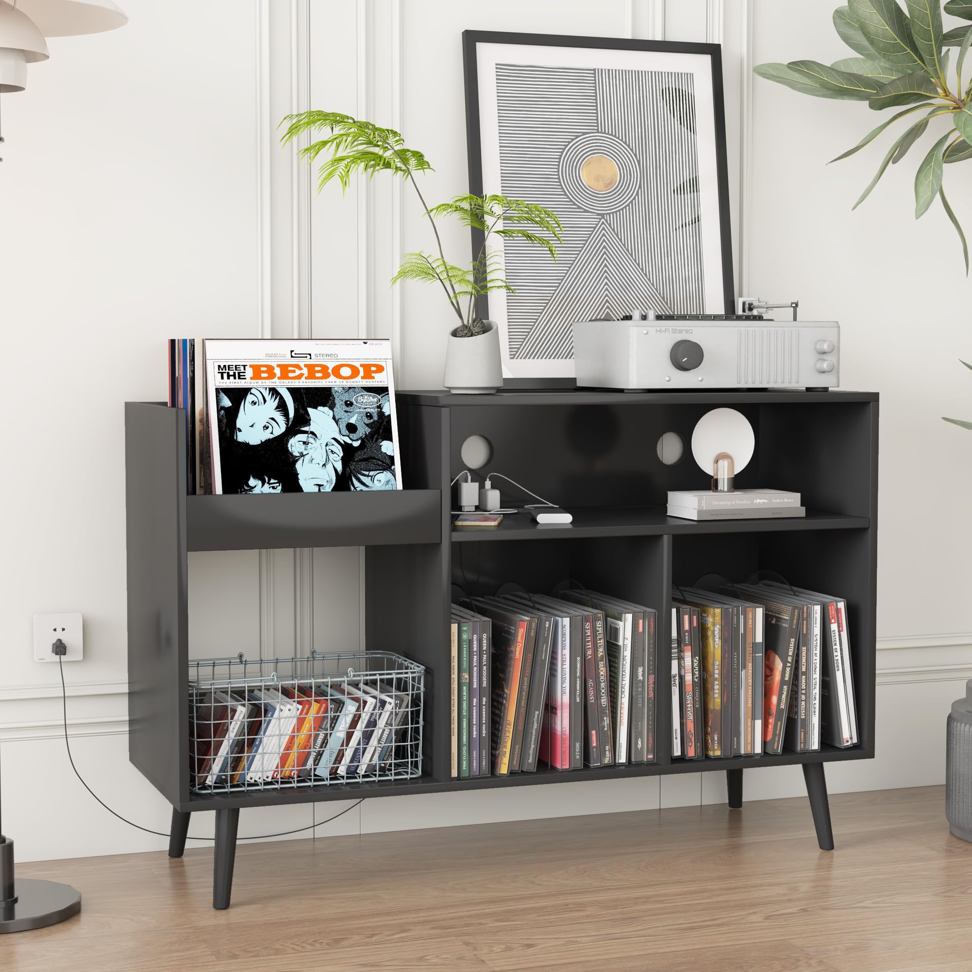 Mid Century Modern Record Player Stand with Charging Station & USB Ports - Vinyl Record Storage Cabinet Holds 350 Albums - Perfect for Living Room, Home Theater & Music Studio Decor