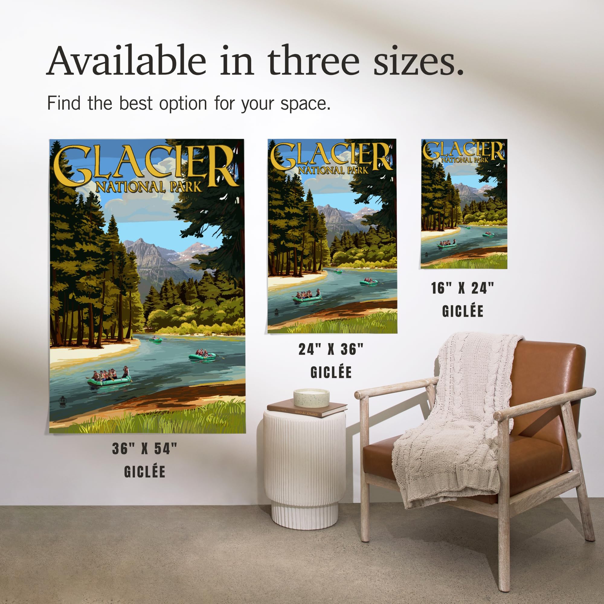 Lantern Press 16x24 Inch Giclee Art Print - Glacier National Park Montana Landscape with River Rafting Scene - Perfect for Home Decor, Office Wall Art & Nature Lover Gifts