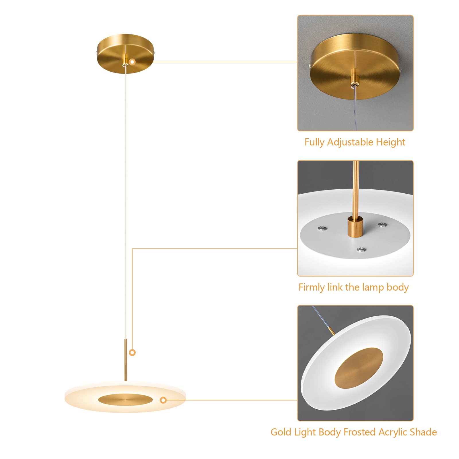 Modern Gold Plated LED Pendant Light Fixture - 3000K Warm White Dimmable Ceiling Light for Kitchen Island, Bedroom, Dining Room & Hallway (2-Pack) | Elegant Mini Hanging Lighting for Home & Office Decor