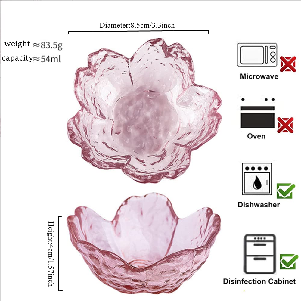 6 Pcs Sakura-Shaped Glass Seasoning Dishes - 3.4 Inch Small Dipping Bowls, Appetizer Plates & Cute Crystal Dessert Bowls in Pink - Perfect for Sushi, Soy Sauce, Snacks & Party Serving