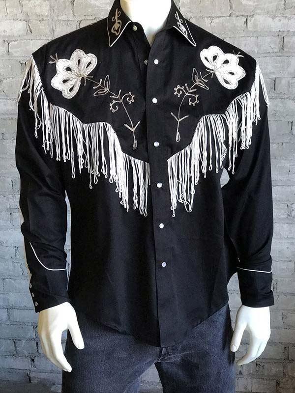 Rockmount 6723 BLK Men's Vintage Fringe Embroidered Western Shirt Black - Perfect for Country Music Concerts, Rodeos & Cowboy Themed Parties