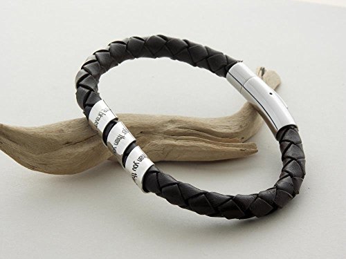 Men's Custom Engraved Sterling Silver Bolo Leather Bracelet with Secret Spinning Message - Personalized Coordinates Gift for Him - Perfect for Anniversaries, Birthdays & Special Occasions
