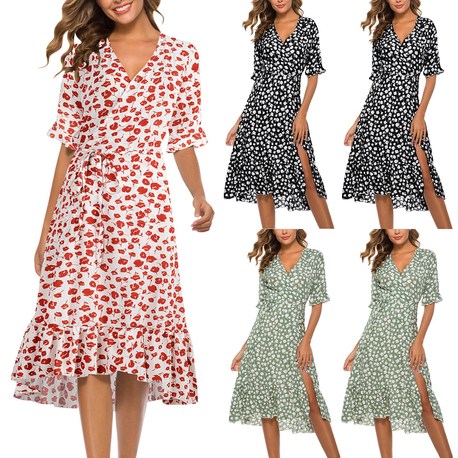 BFAFEN Floral Print Fit and Flare Midi Dress for Women - V Neck, Ruffle Short Sleeve Summer Wedding Guest Dress | Perfect for Garden Parties, Bridal Showers & Cocktail Events