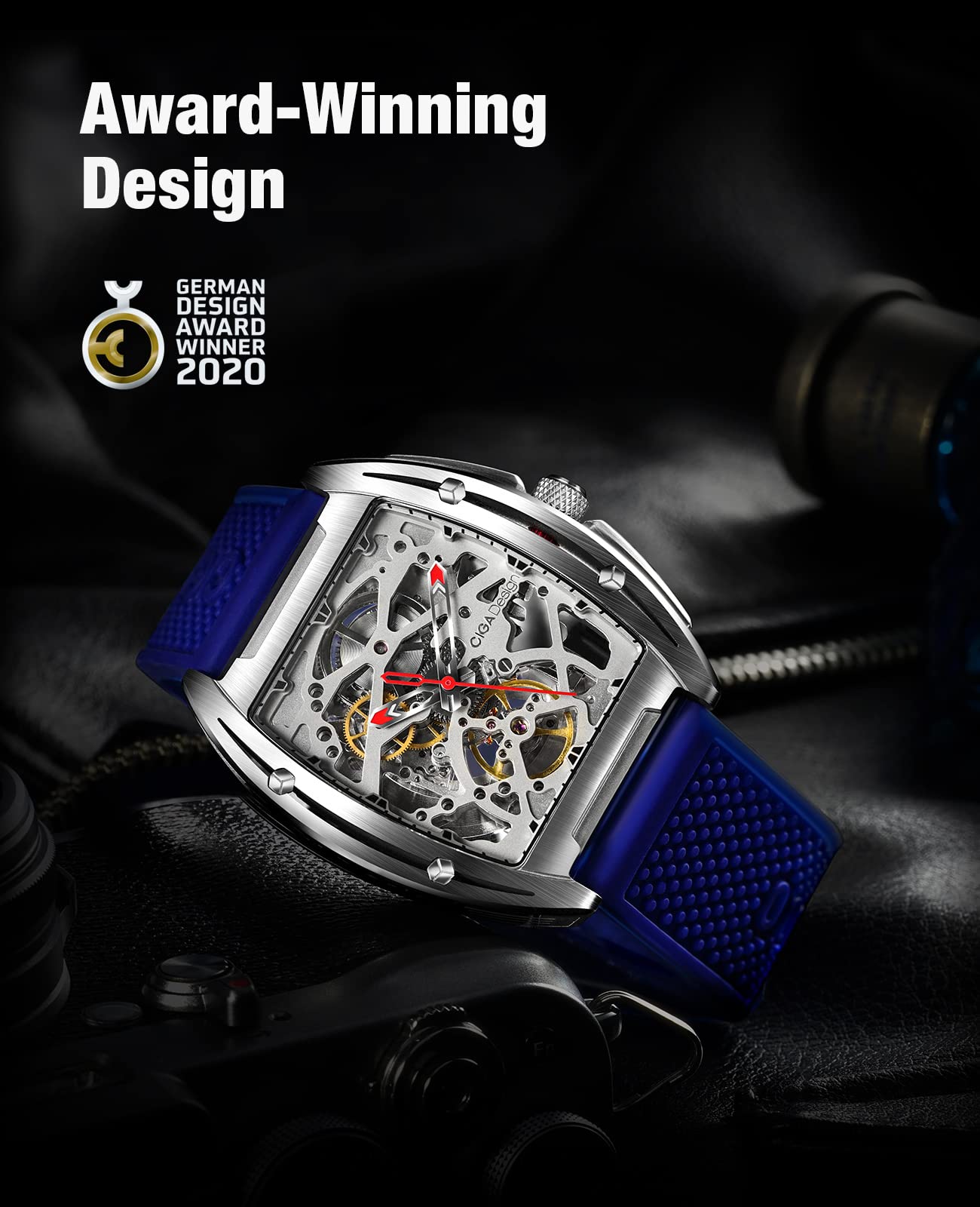 CIGA Design Z Series Automatic Skeleton Mechanical Watch - Luxury Tonneau Wristwatch with Leather & Silicone Strap, Stainless Steel Case, Business Dress Style, Waterproof Timepiece for Men & Women | Perfect for Formal Occasions, Office Wear & Gift Giving