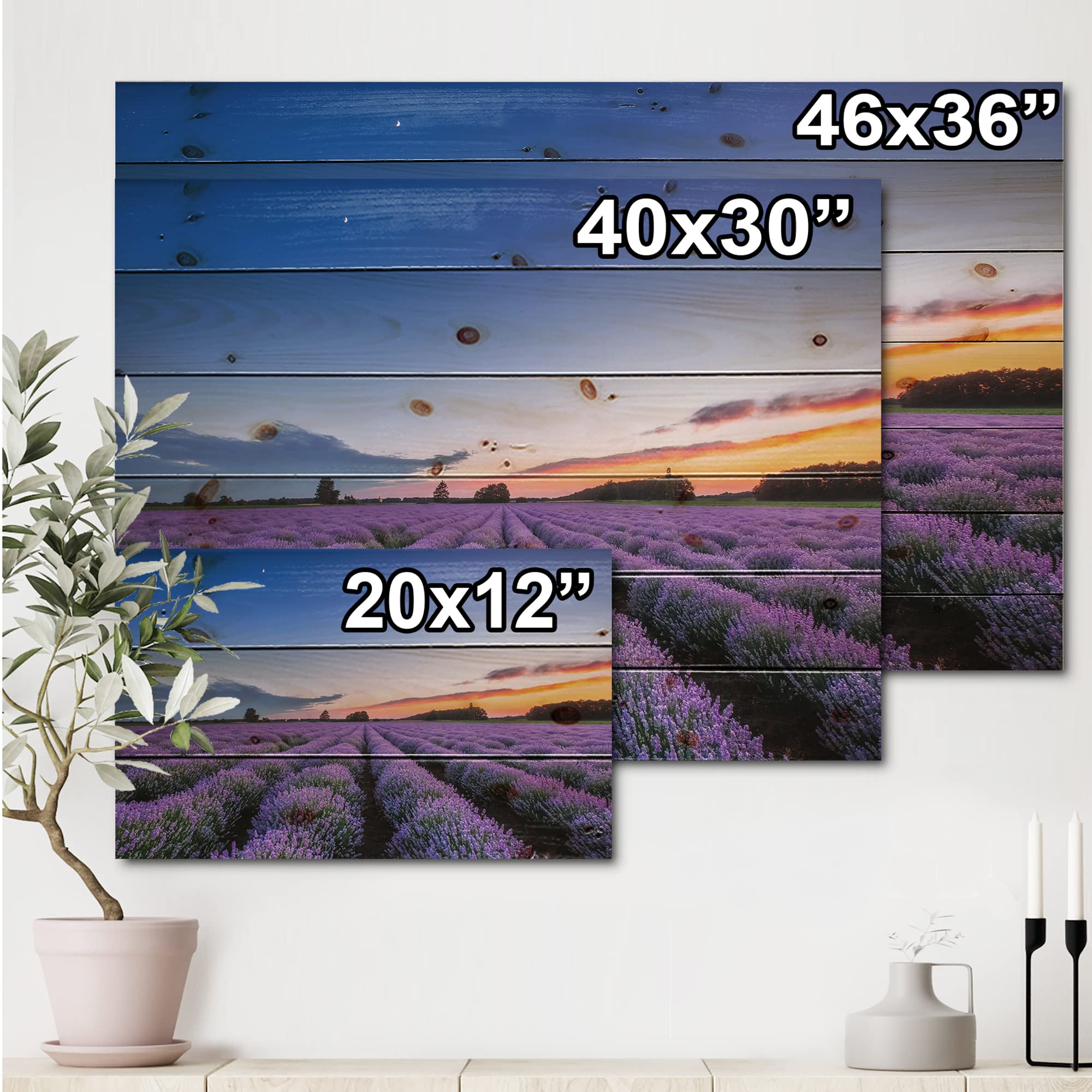 Farmhouse Wood Wall Art - Lavender Field Sunrise on Pine Wood for Home Decor