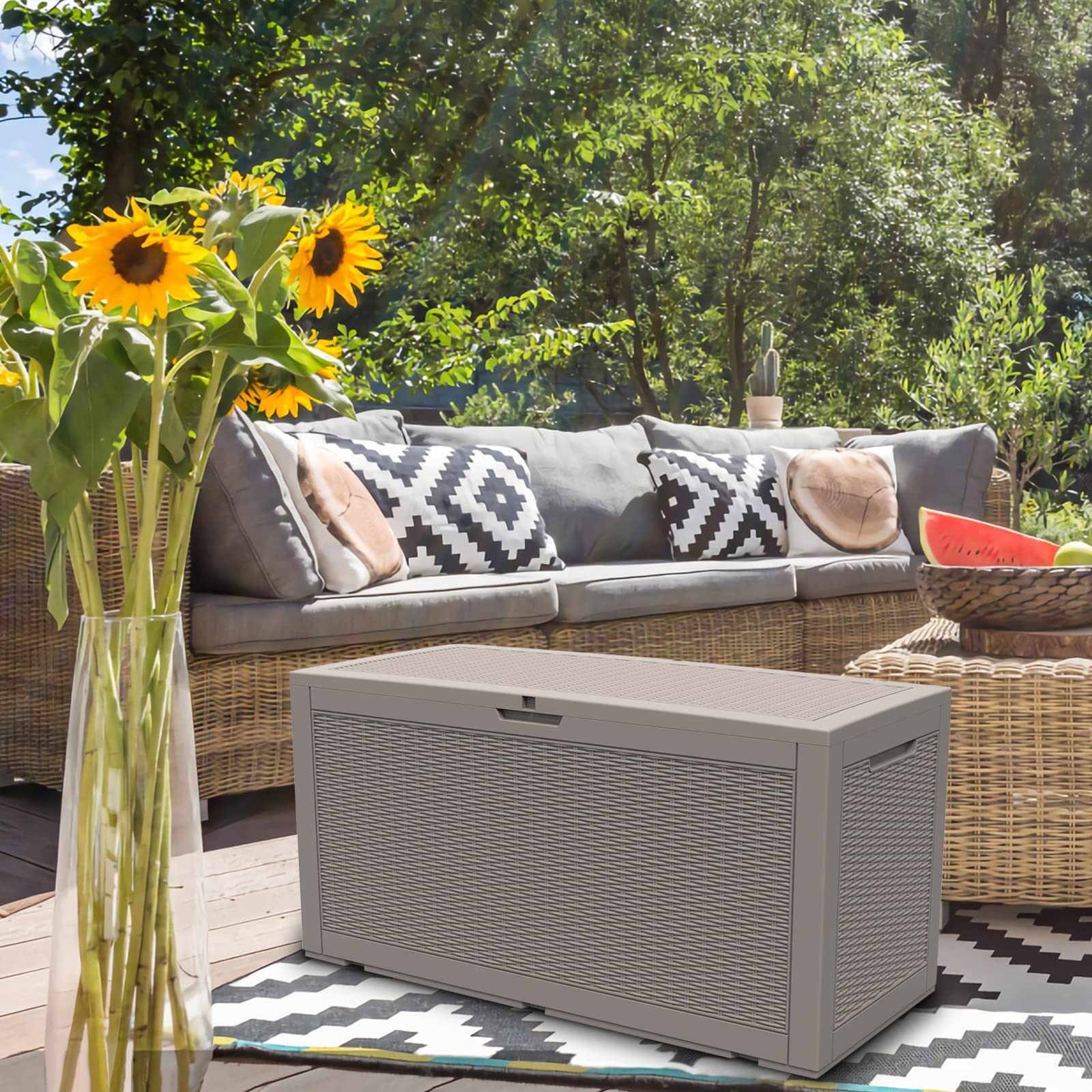 100 Gallon Waterproof Outdoor Storage Deck Box - Modern-Depo Polypropylene Garden & Pool Storage Bench for Towels, Tools & Patio Accessories - Gray - Perfect for Backyard, Porch & Poolside Organization