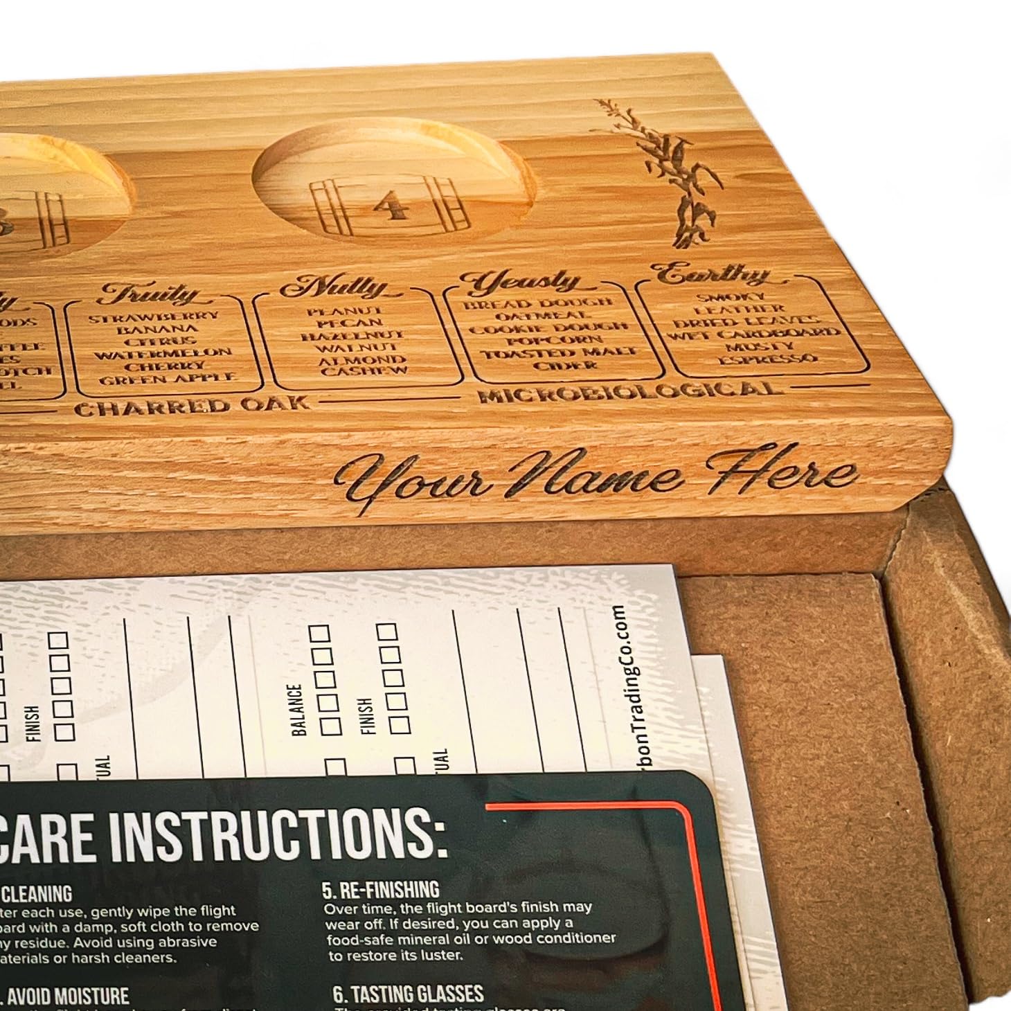 Custom Bourbon Tasting Set with Engraved Wood Flight Board & 4 Glasses - Perfect for Whiskey, Scotch & Bourbon Tasting - Ideal Gift for Men - Engraved Tasting Notes Included - Great for Home Bars, Man Caves & Whiskey Enthusiasts