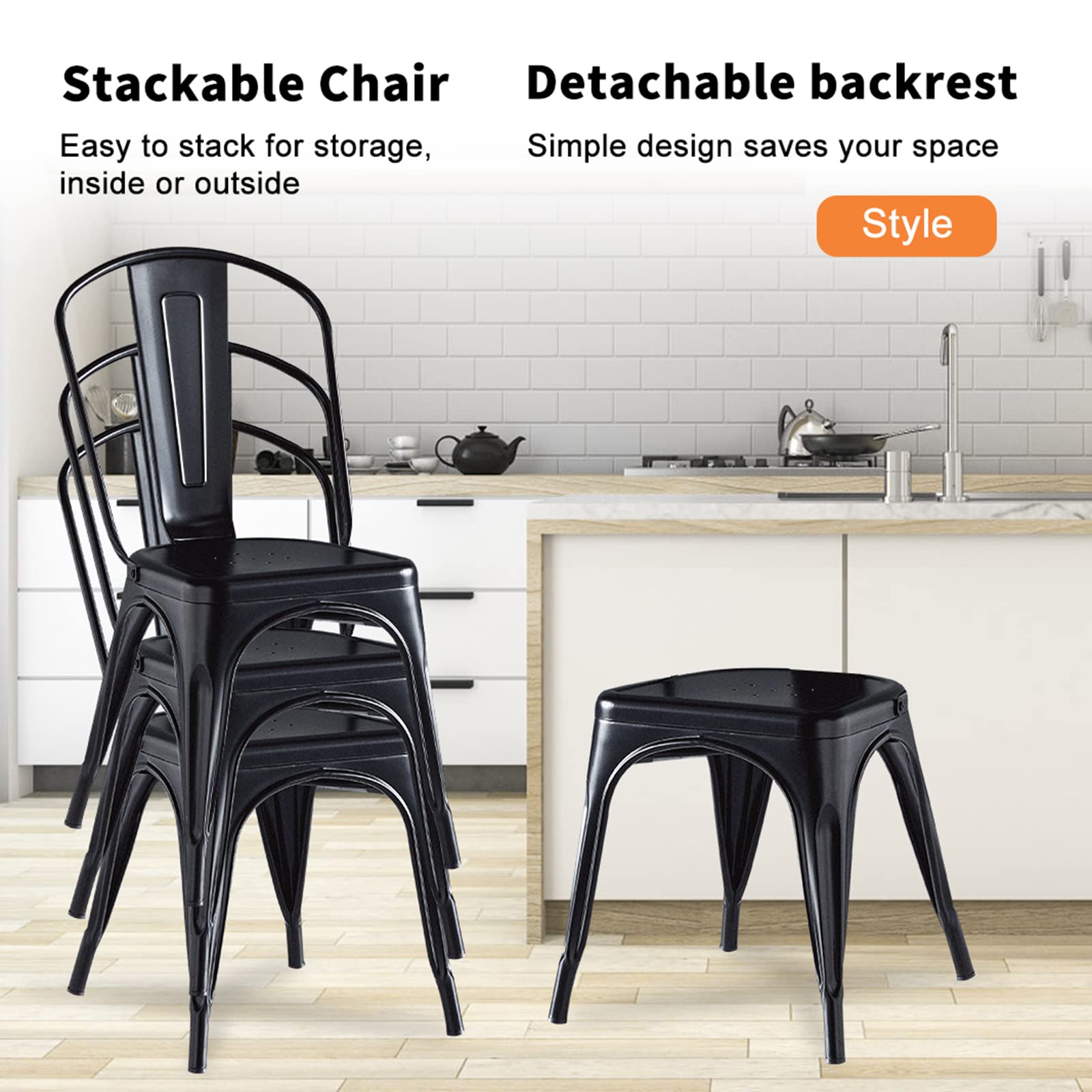 Hironpal 4-Pack Stackable Metal Dining Chairs with Detachable Backrest - Matte Black Tolix Style Chairs for Kitchen, Dining Room, Bistro & Cafe | Indoor & Outdoor Use, Commercial & Home Decor