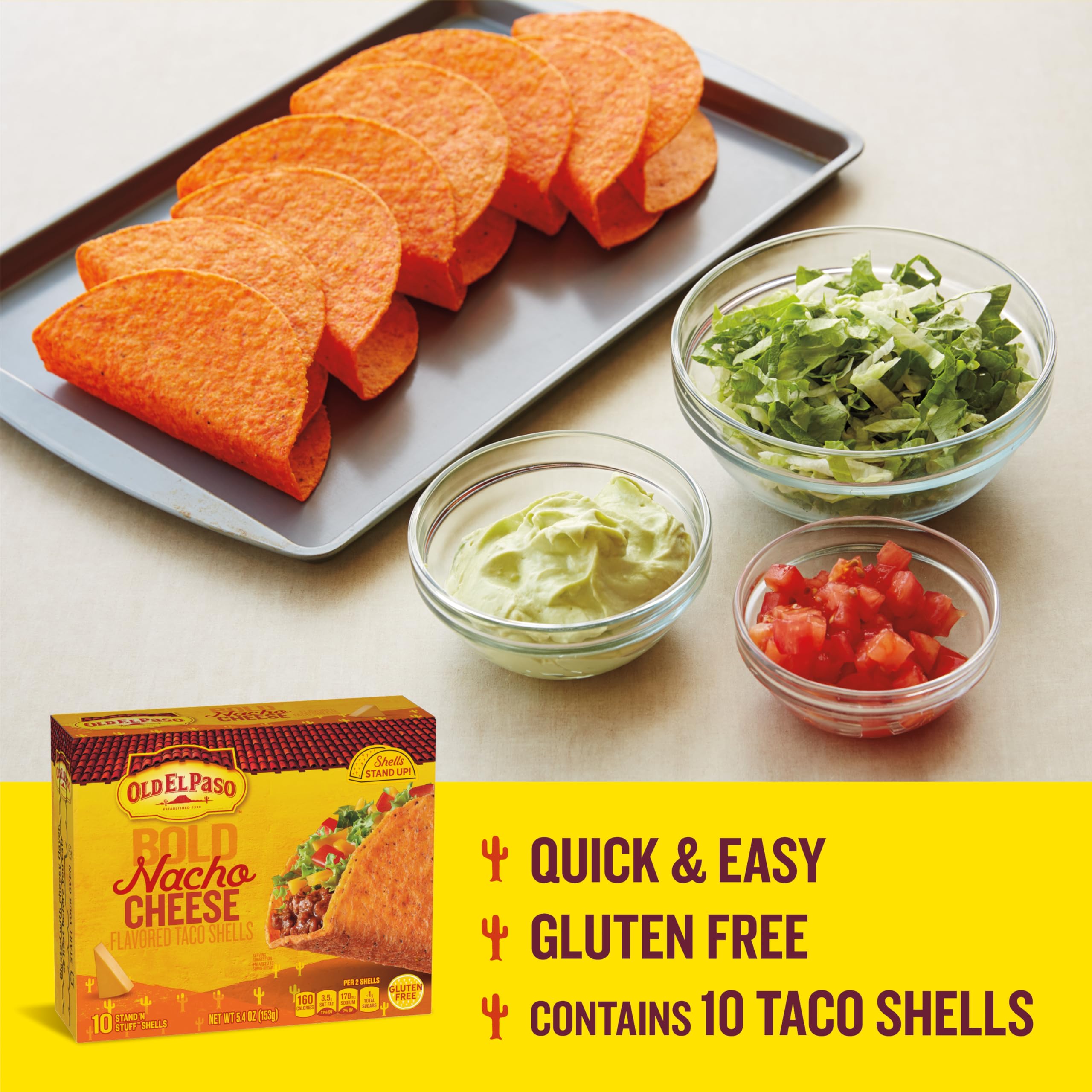 Old El Paso Stand 'N Stuff Bold Nacho Cheese Flavored Taco Shells - 10 Count (Pack of 6) | Crunchy Taco Shells for Nachos, Tacos & Mexican Dishes | Perfect for Family Dinners, Parties & Cinco de Mayo Celebrations