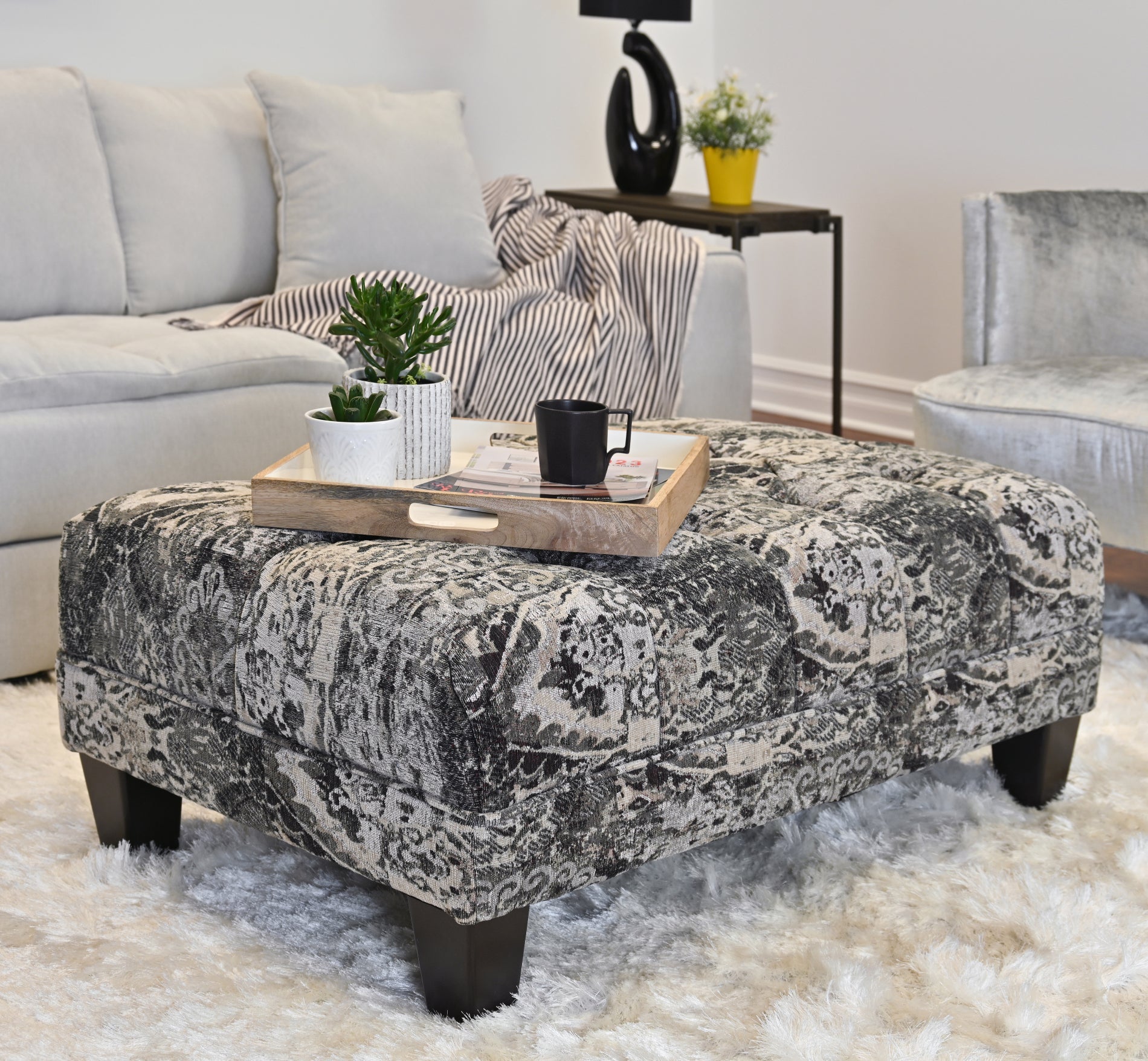 Roundhill Furniture Berliton Fabric Tufted Oversized Ottoman in Turkish Charcoal - Large Storage Footstool, Living Room Pouf, Bedroom Bench - Perfect for Home Decor, Lounge & Relaxation