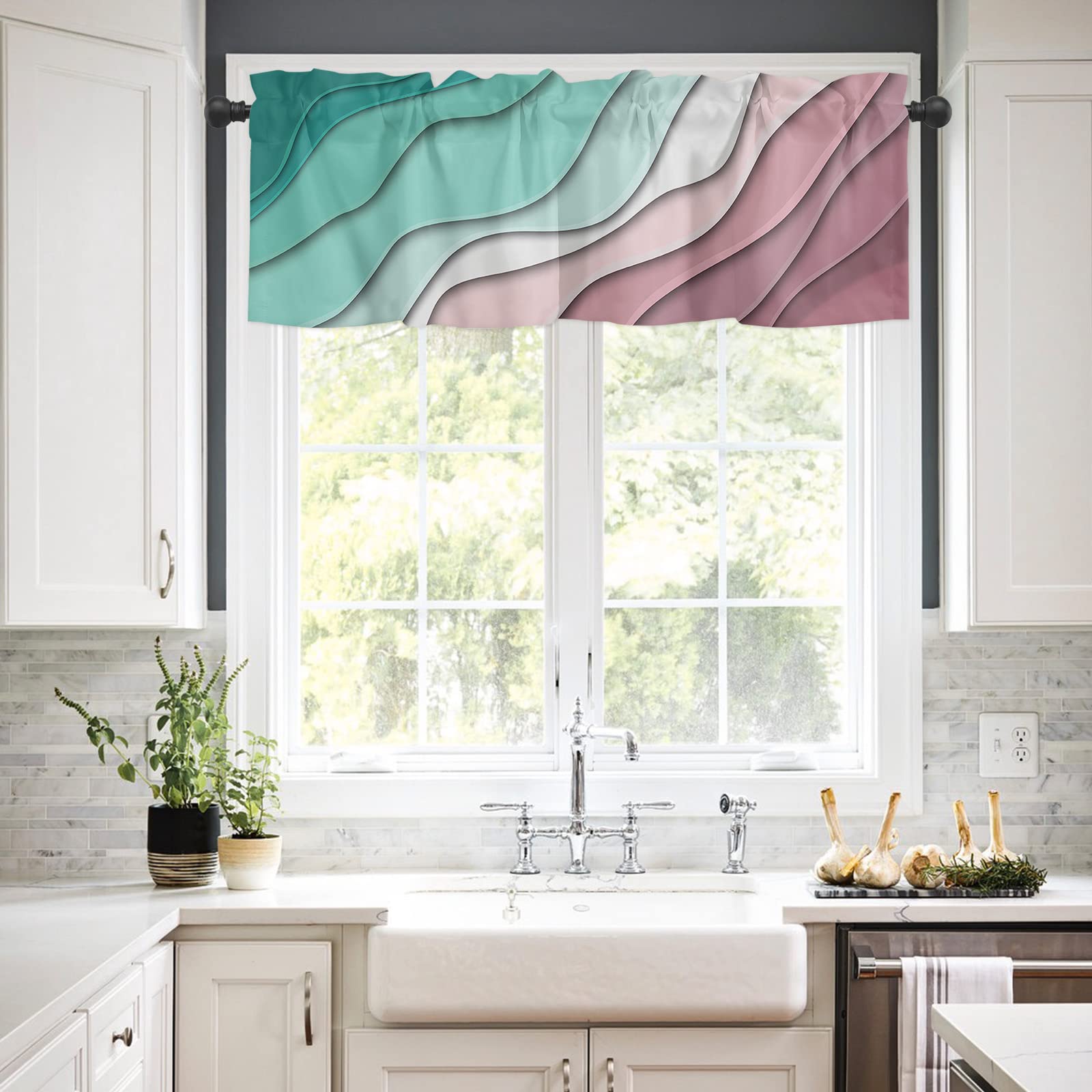 Modern Geometric Rod Pocket Valance - Green Abstract Beach Design Window Treatment (54