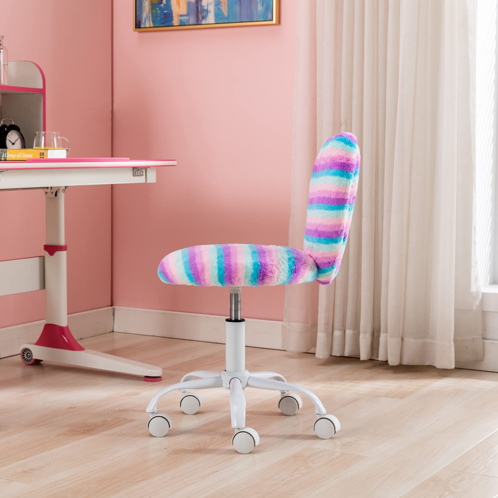 Colorful Furry Kids Desk Chair for Girls - Soft Swivel Rolling Study Chair with Rainbow Design, Perfect for Bedroom, Computer Use, Reading & Homework
