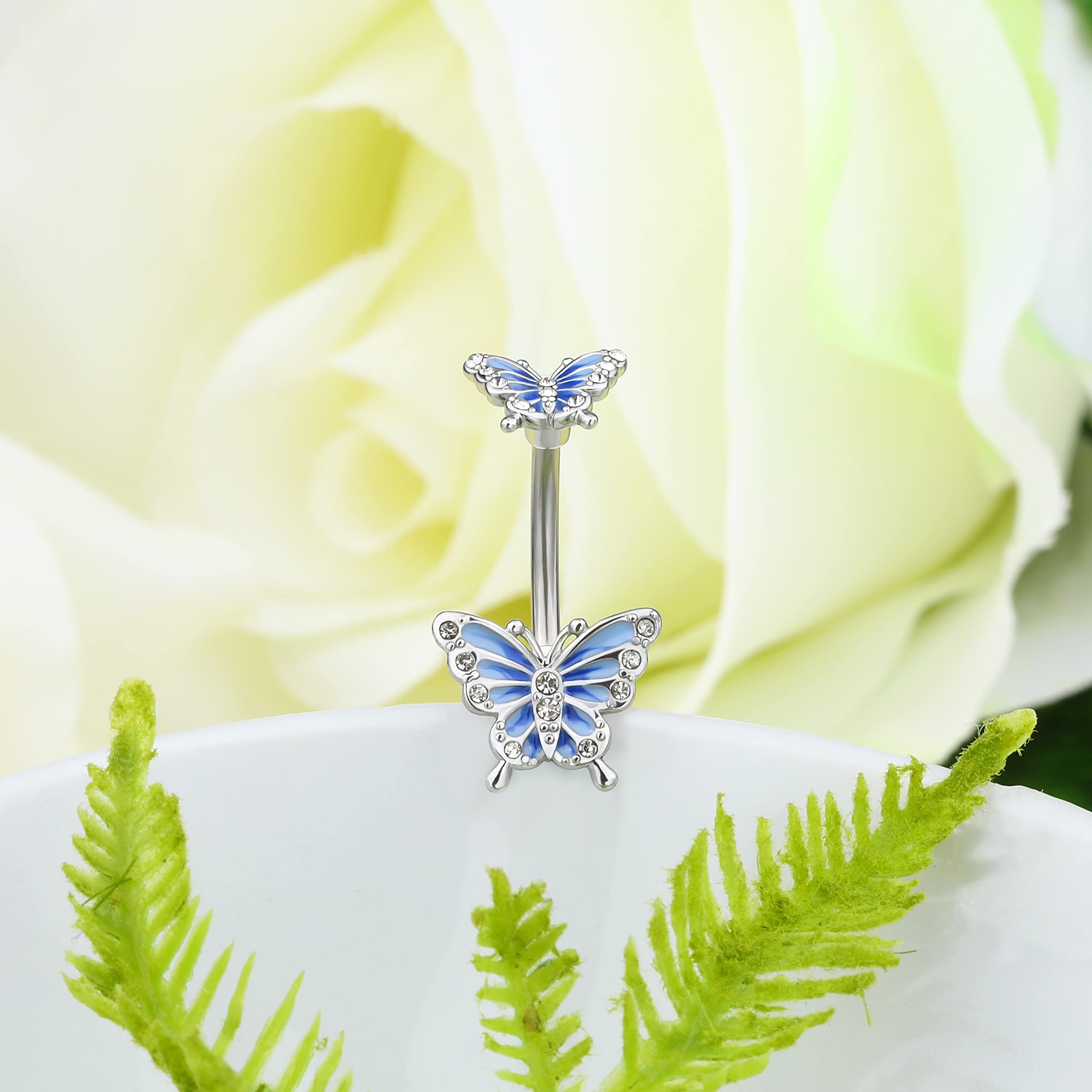OUFER 14G Surgical Steel Belly Button Ring - Blue Butterfly CZ Navel Piercing Jewelry, 10mm Silver Barbell for Women, Perfect Gift for Piercing Lovers | Ideal for Everyday Wear, Parties, and Special Occasions