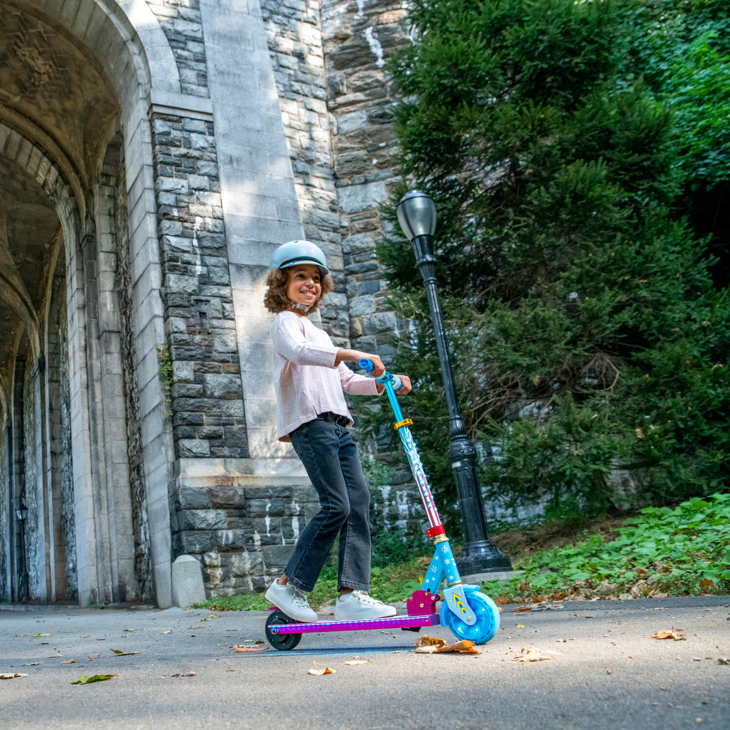 Disney Frozen II Light Up Folding Electric Scooter for Kids - Glow Wheels & Easy Fold Design - Perfect for Commuting, Park Rides & Neighborhood Fun