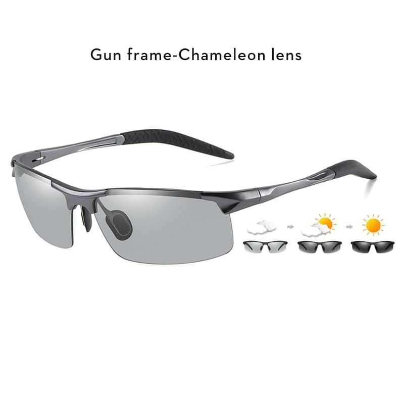 Polarized Photochromic Sunglasses for Men - Rimless Aluminum Frame, Anti-Glare Chameleon Lenses for Day & Night Driving - Stylish UV Protection Eyewear (Perfect for Outdoor Sports, Travel & Daily Wear)