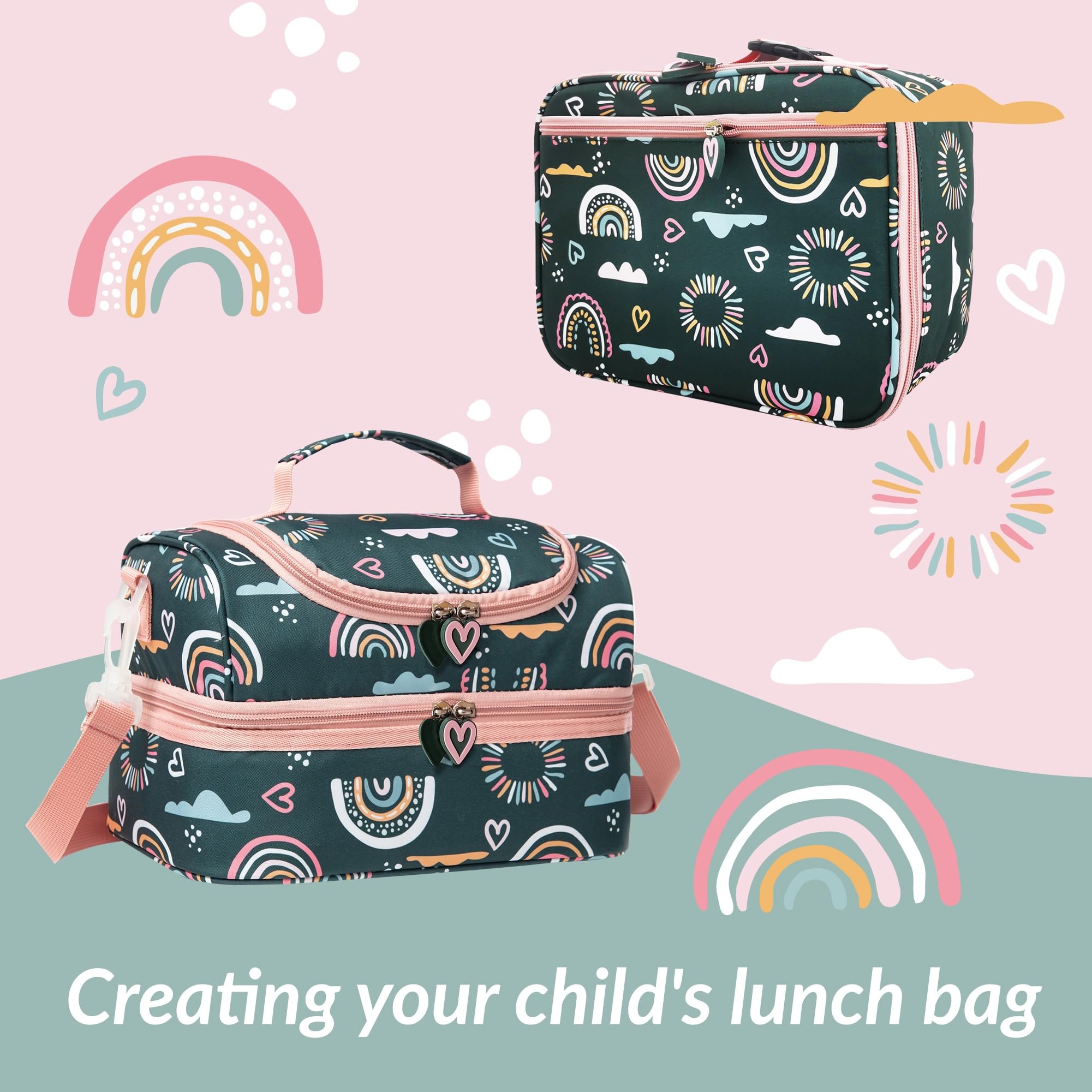 Insulated Kids Lunch Bag with Dual Compartments - Thermal Cooler Tote for Boys & Girls, Toddler School Picnic, Kindergarten Lunch Box with Adjustable Strap (Green Rainbow) - Perfect for School, Travel & Outdoor Activities