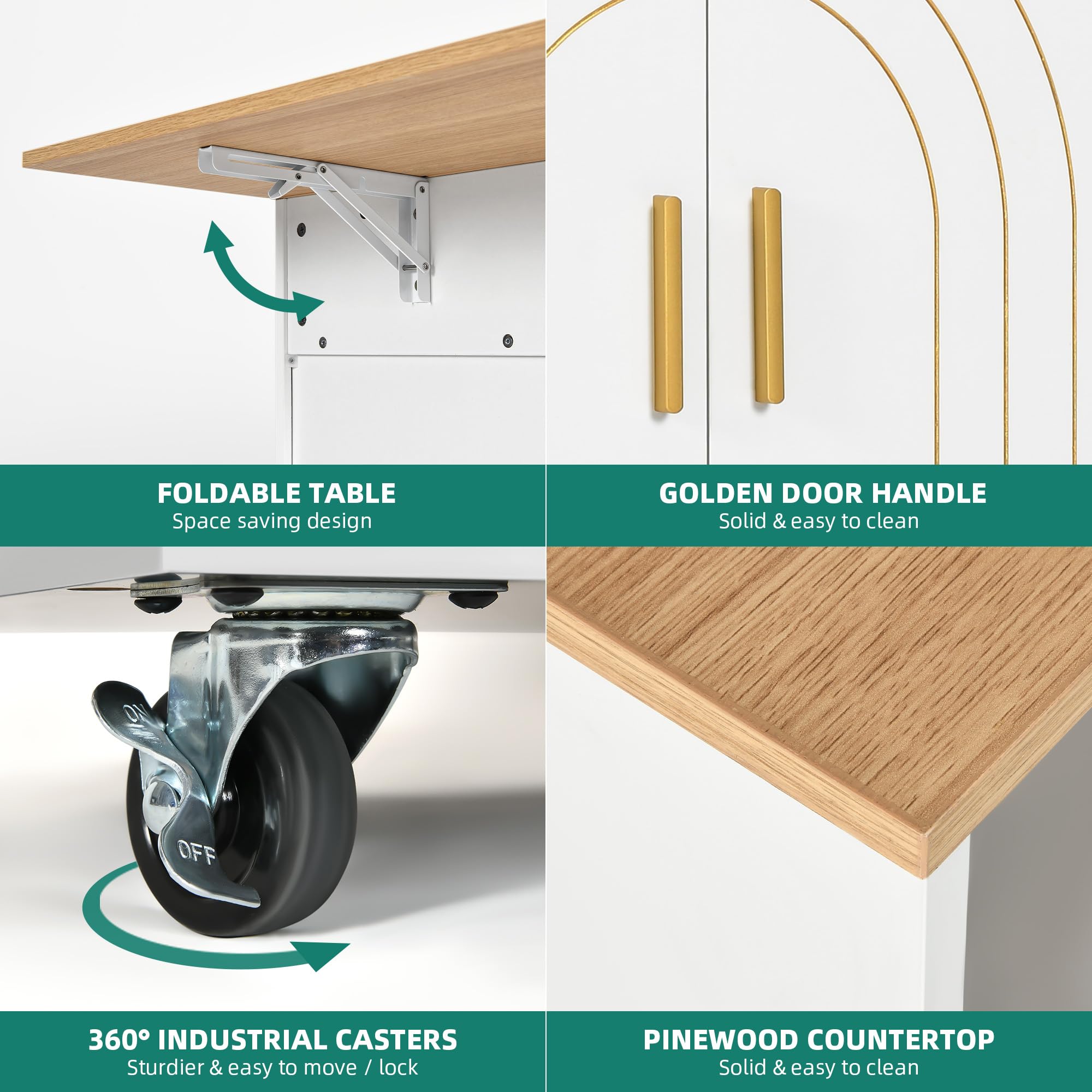 YITAHOME White & Oak Kitchen Island with Folding Drop Leaf - Rolling Kitchen Cart with 2 Gilded Cabinet Doors, Drawer, Open Shelves, Wine Spice Rack & Cup Hangers - Perfect for Small Kitchens, Dining Rooms & Entertaining Spaces