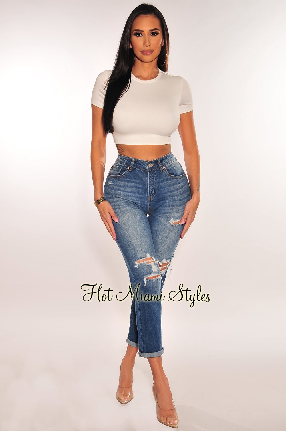 Dark Denim High Waist Ripped Knee Relaxed Skinny Jeans for Women - Trendy Distressed Denim Pants with Comfortable Stretch Fit | Perfect for Casual Outings, Date Nights & Street Style Fashion