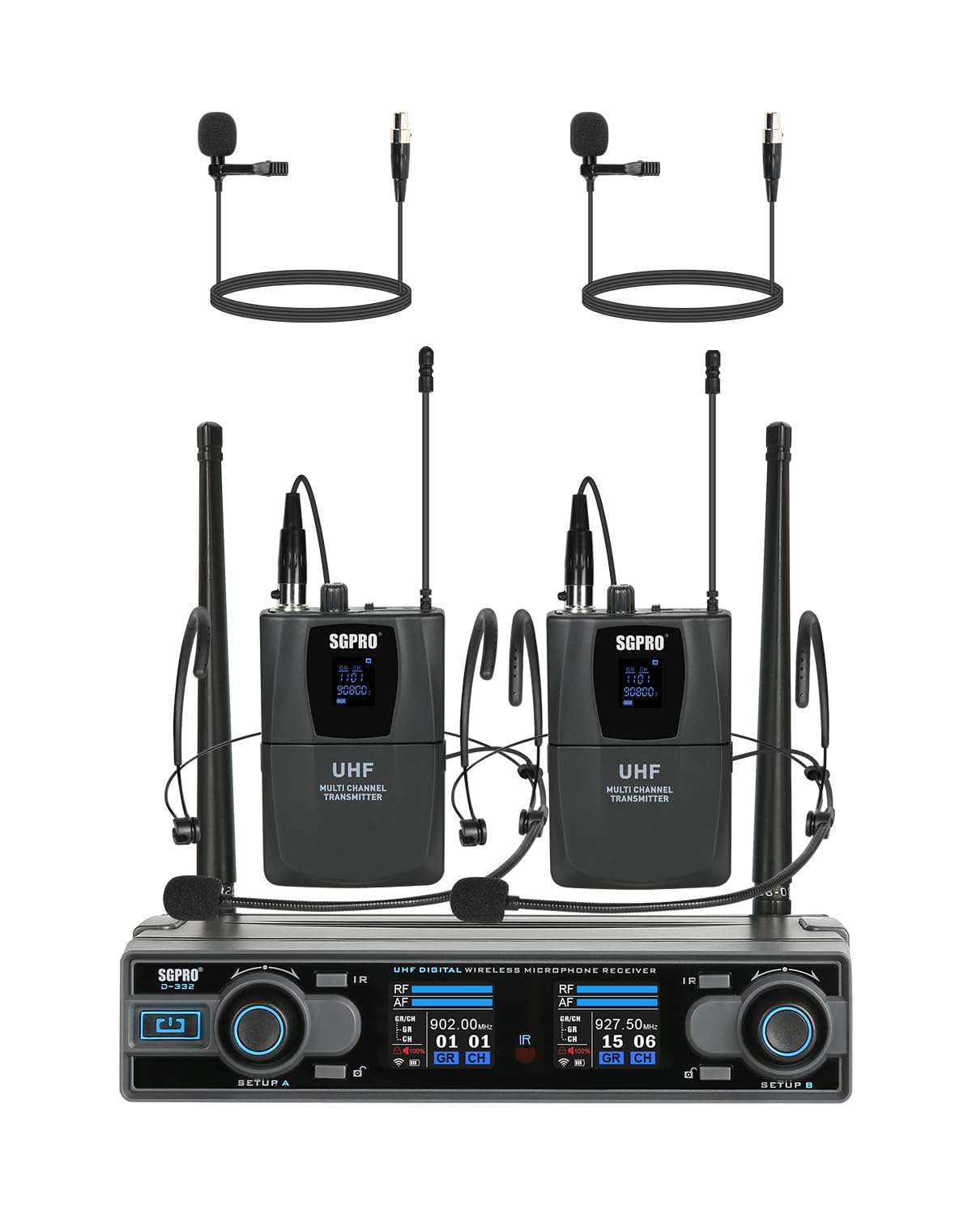 Dual Channel Wireless Microphone System with 2 Bodypack Transmitters, 2 Headset & 2 Lavalier Mics - Professional Audio for Live Singing, Recording, Public Speaking, Church Services & Karaoke (D-332BB)