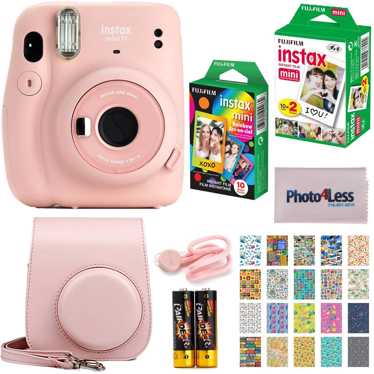 Fujifilm Instax Mini 11 Instant Camera Bundle - Blush Pink with Twin Pack Film, Rainbow Film, Protective Case & Travel Stickers | Perfect for Travel, Parties, Weddings & DIY Scrapbooking
