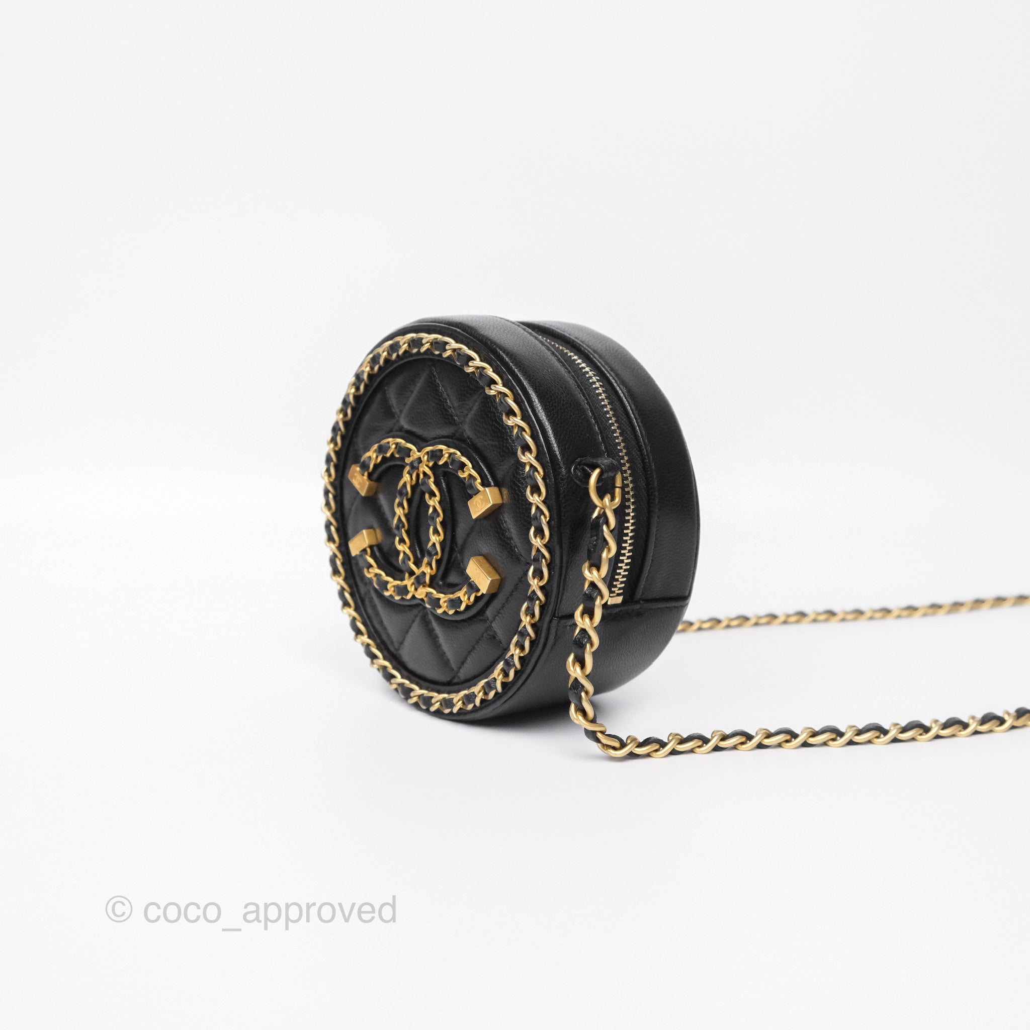 Chanel Black Lambskin Chained Round Filigree Clutch with Gold Hardware - Elegant Evening Bag for Parties, Weddings & Special Occasions