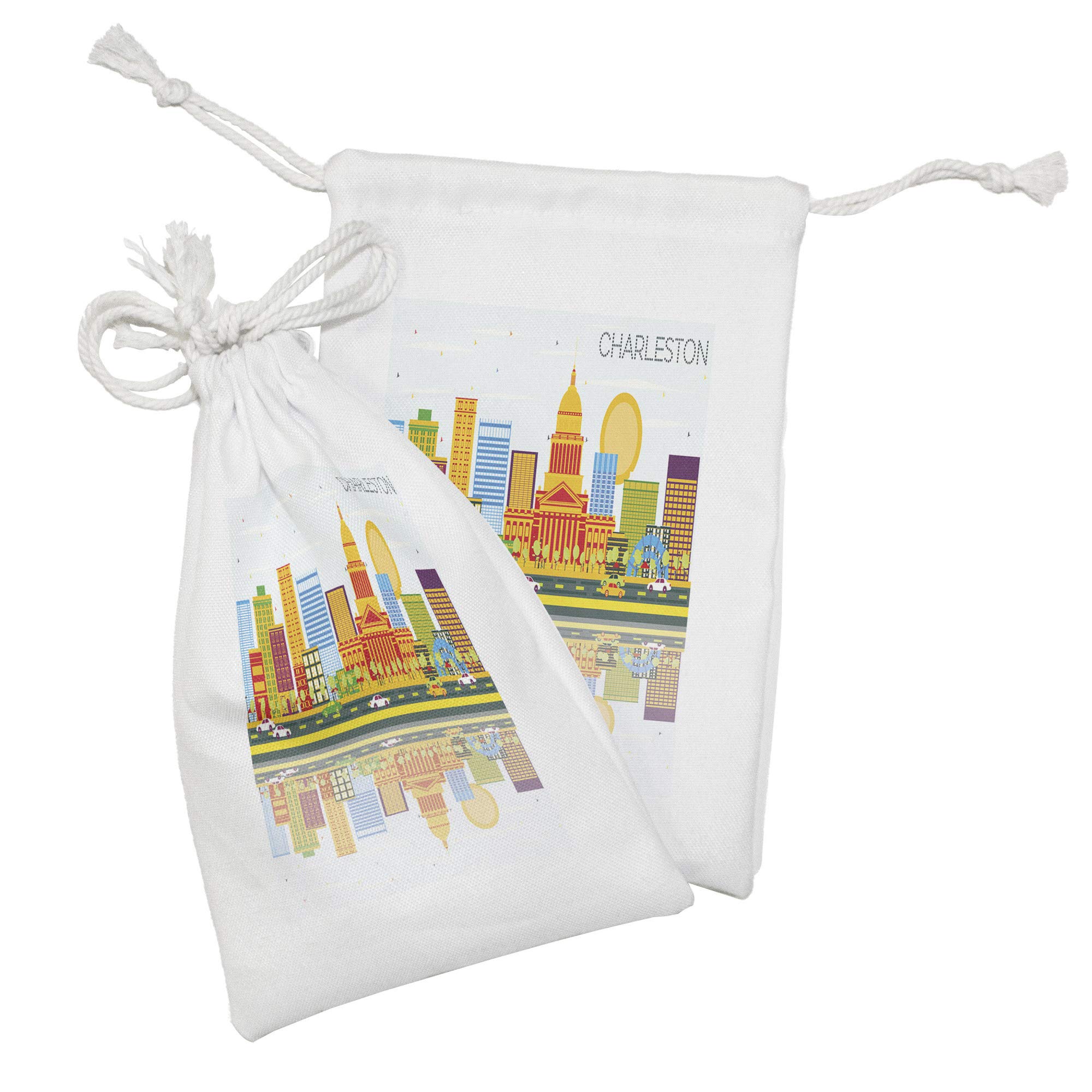 Ambesonne Charleston Fabric Pouch Set of 2 - Colorful USA Skyline Design Small Drawstring Bags (9