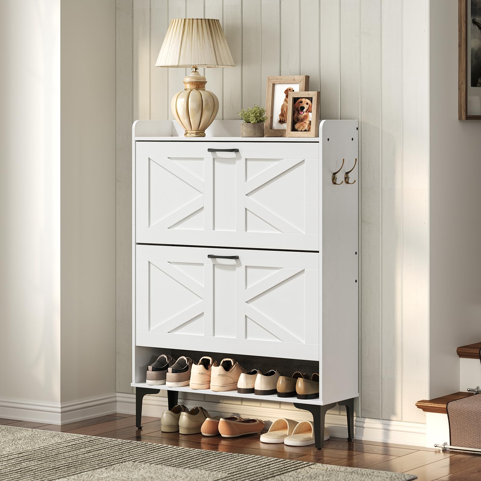 White Shoe Storage Cabinet with 2 Flip Drawers - Hidden & Open Entryway Organizer for Shoes, Boots & Accessories | Freestanding Closet Storage Solution for Hallway, Mudroom or Bedroom (Model SHWT9401)