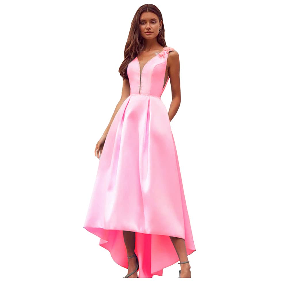 Meowmming Women's V Neck Backless Sleeveless Satin Prom Dress - High Low Hem Evening Party Gown for Homecoming, Cocktail, Wedding Guest & Formal Events